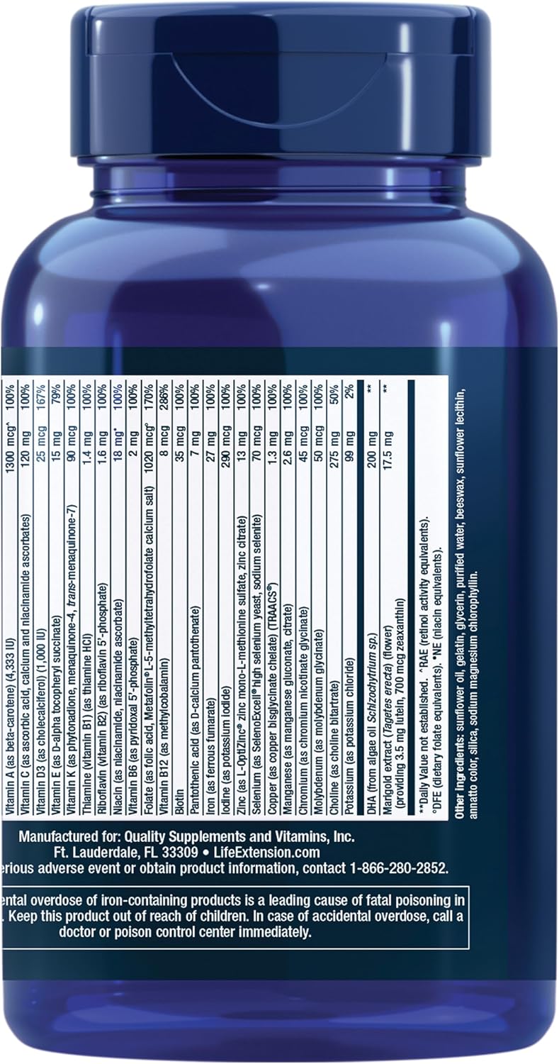 Life Extension Prenatal Advantage - Multivitamínico Prenatal con DHA, Colina y Ácido Fólico Bioactivo, 120 Cápsulas Blandas