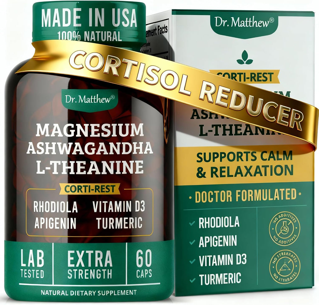 CortiRest – Reductor de Cortisol y Apoyo Suprarrenal con Ashwagandha KSM-66, Magnesio, L-Teanina, Rodiola, Apigenina, Cúrcuma y Vitamina D3