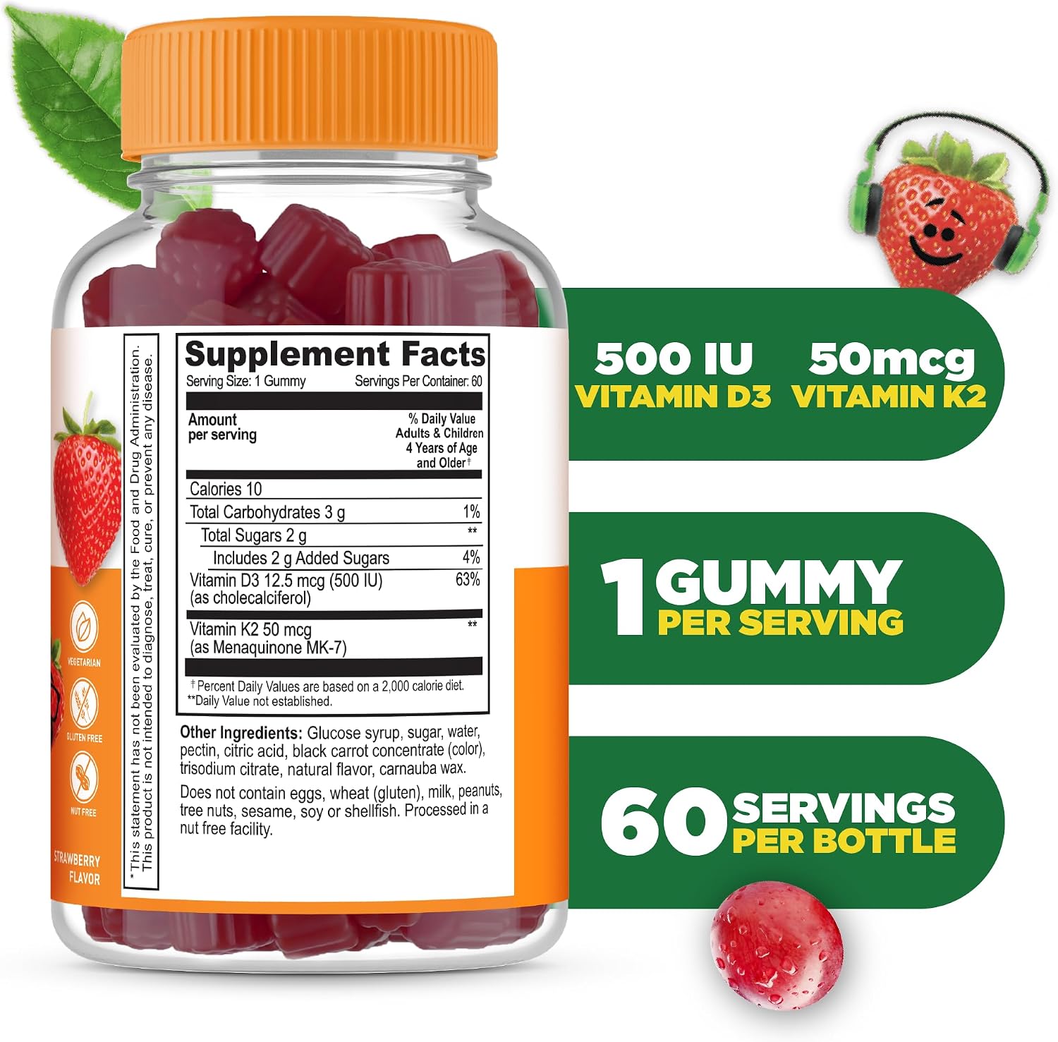 Lifeable Kids Vitamin D3 K2 Gummies - 500 UI D3 + 100 mcg K2 - 60 Gominolas