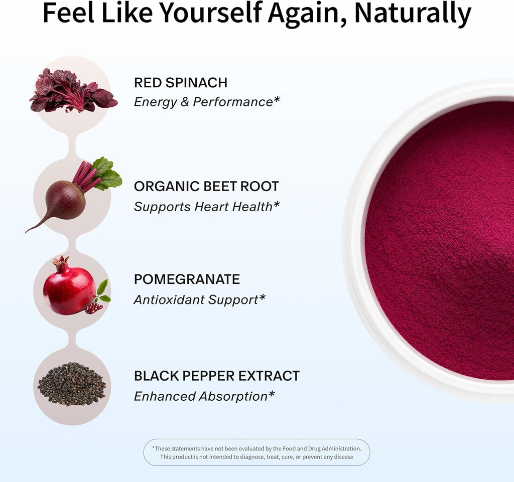 Snap Supplements Remolacha Orgánica en Polvo - Potenciador de Óxido Nítrico con Granada y Espinaca Roja - Sin Cafeína - 30 Servicios