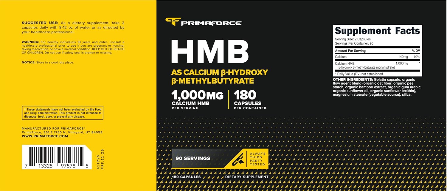 Primaforce HMB (Beta-Hidroxi Beta-Metilbutirato) 1000 mg, 180 Cápsulas - Sin Gluten y No Transgénico