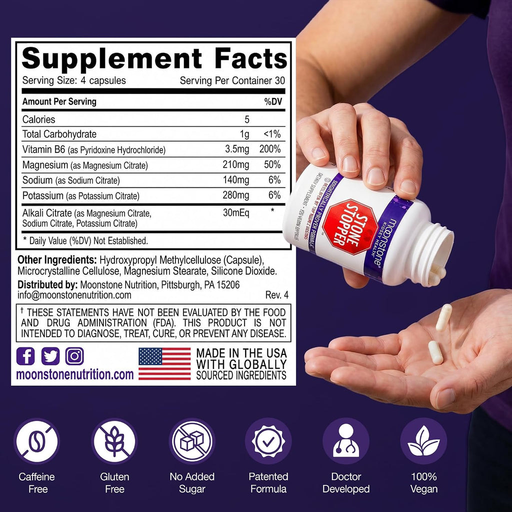 Moonstone Stone Stopper Cápsulas - Suplemento para la Prevención de Cálculos Renales con Citrato Alcalino, 360 Cápsulas (90 Días)