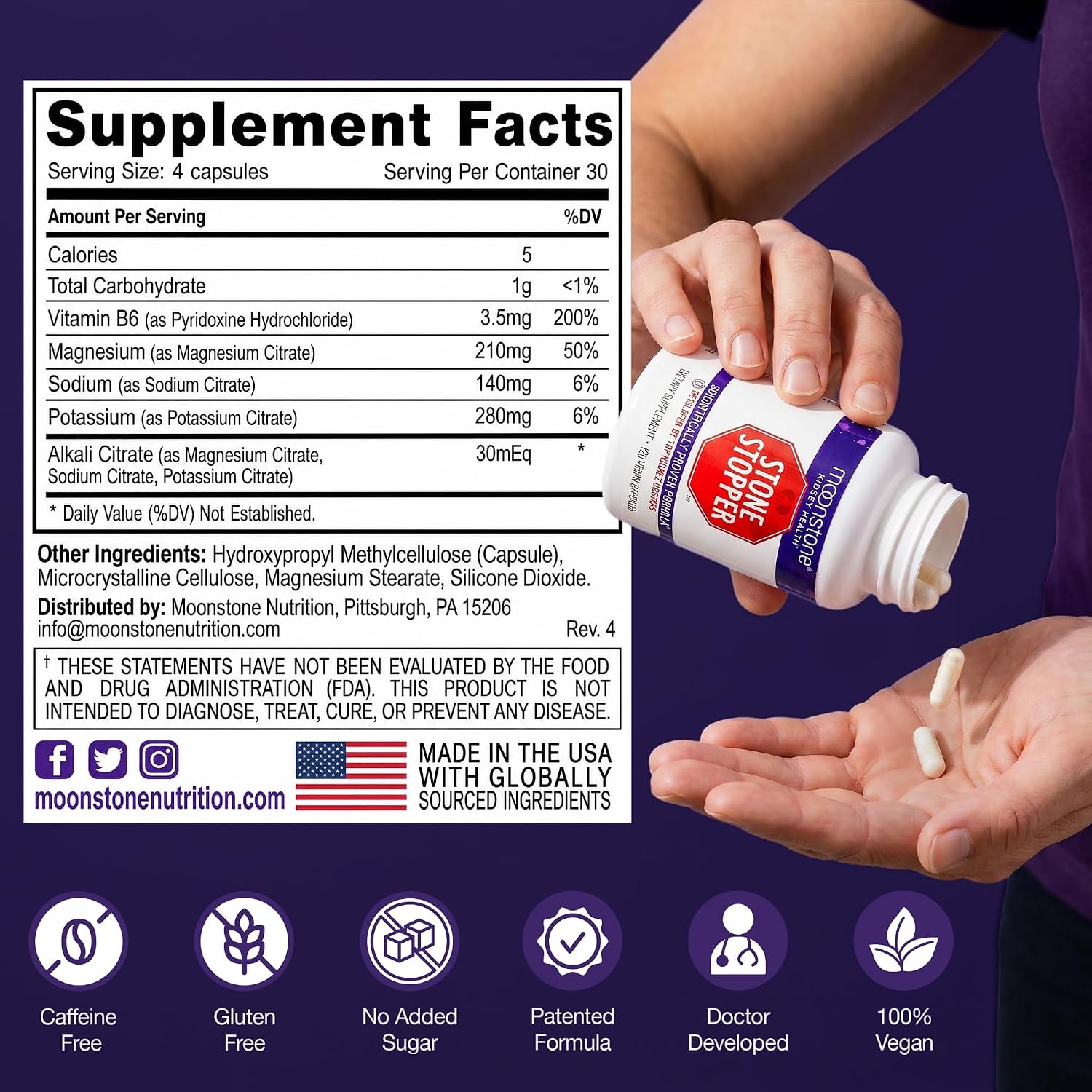 Moonstone Stone Stopper Cápsulas - Suplemento para la Prevención de Cálculos Renales con Citrato Alcalino, 360 Cápsulas (90 Días)