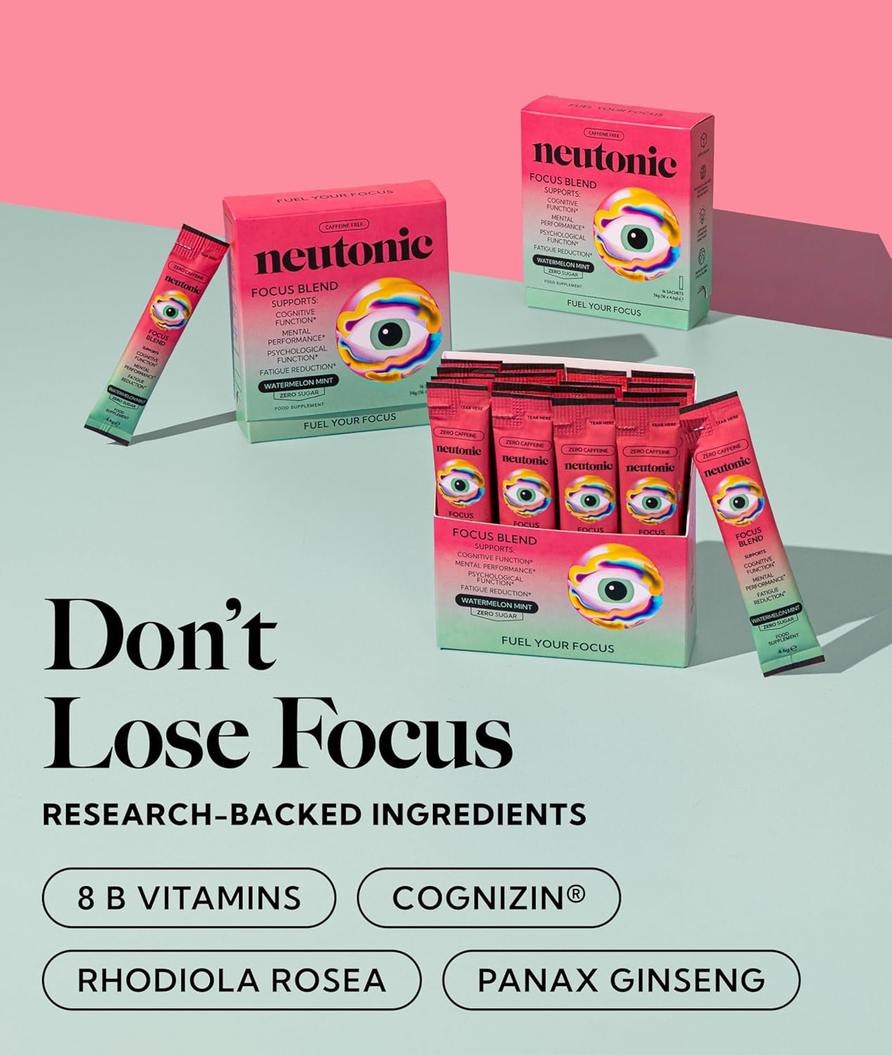 Neutonic Nootropic Focus Blend Powder - Sabor Menta Sandía, 16 sticks - Sin cafeína, Sin azúcar