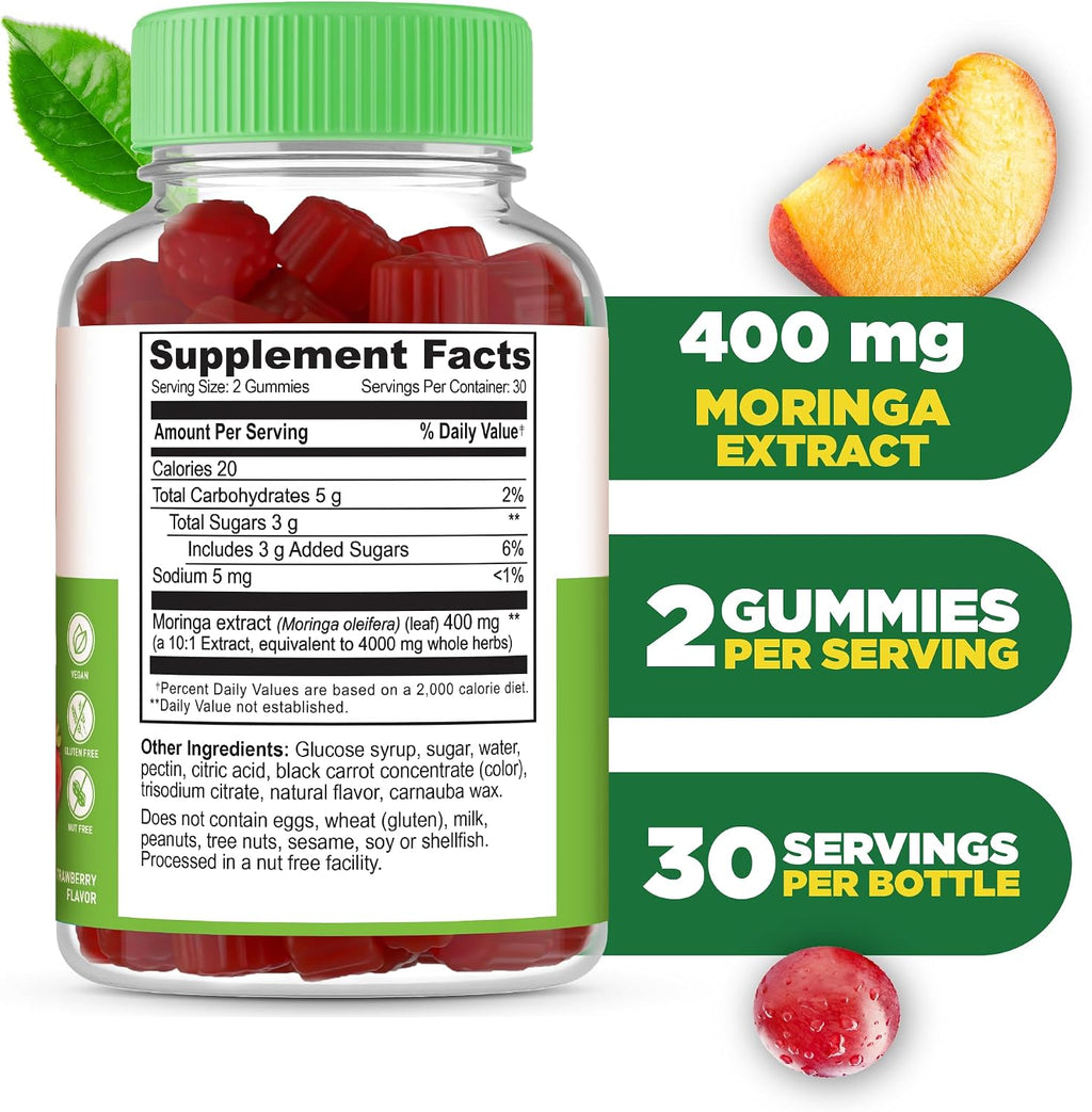 Lifeable Gomitas de Moringa para Adultos | 400 mg de Extracto de Moringa | Sabor Fresa | 60 Gomitas