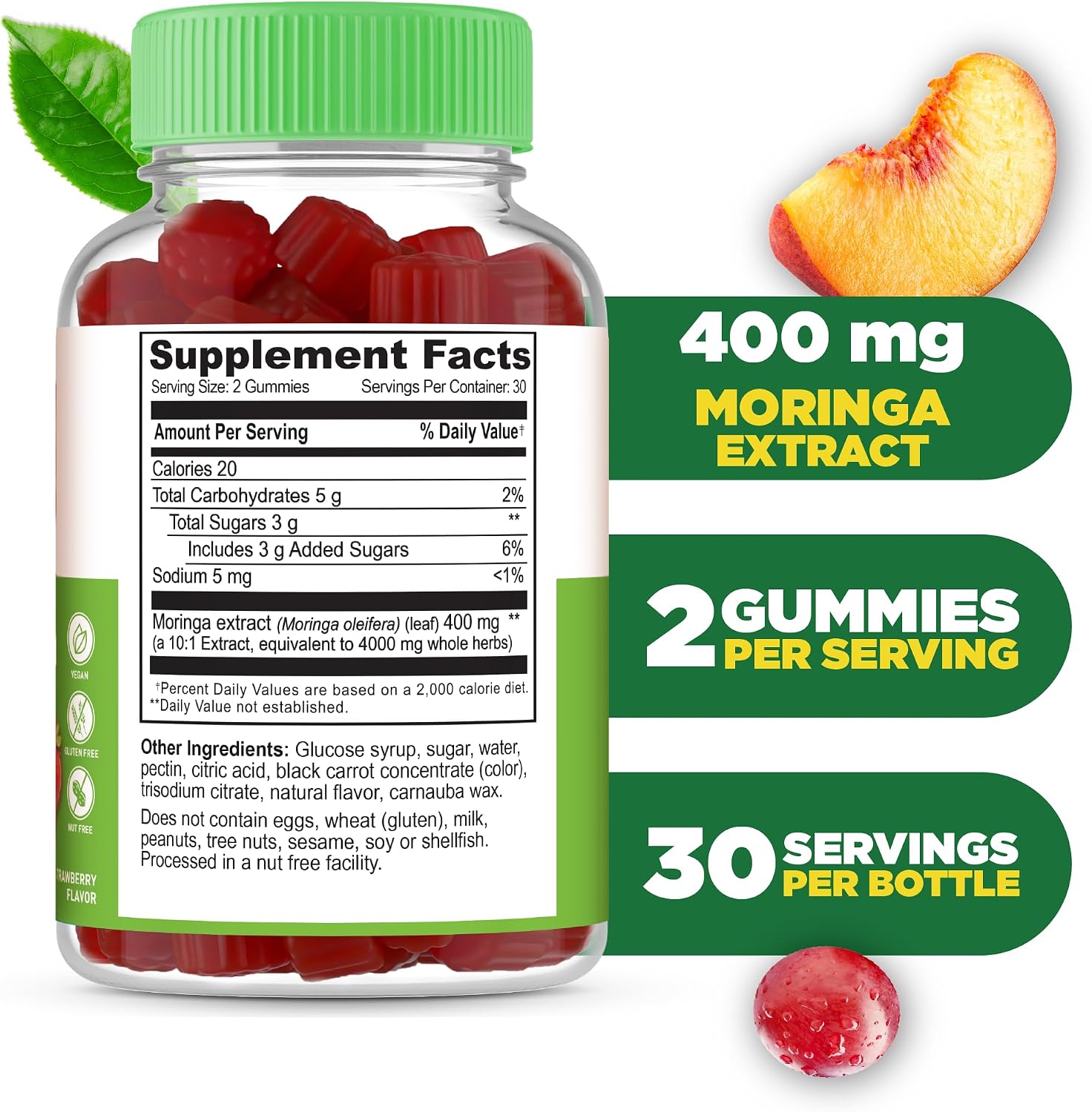 Lifeable Gomitas de Moringa para Adultos | 400 mg de Extracto de Moringa | Sabor Fresa | 60 Gomitas