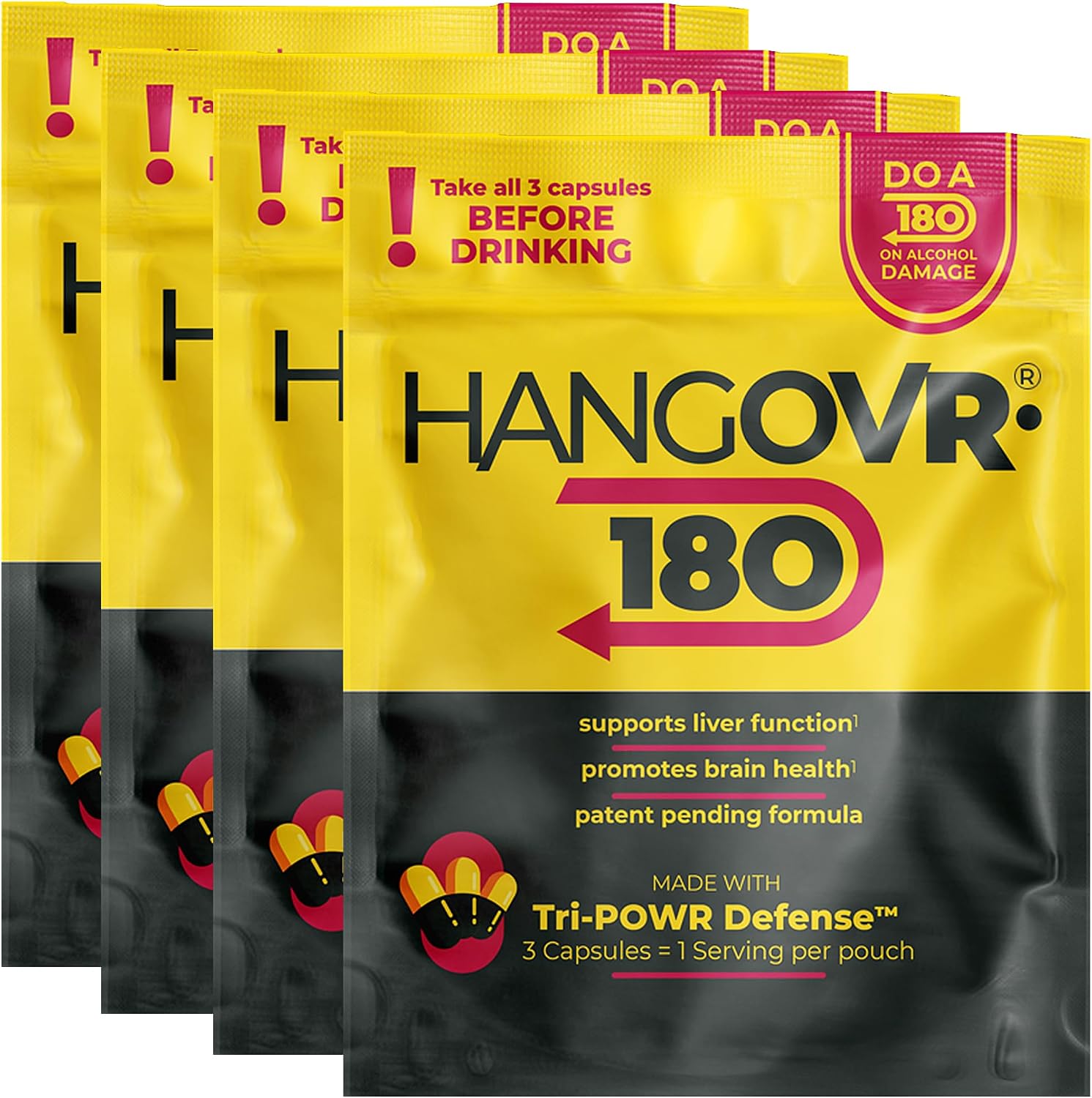 Hangovr180 Tri-Power - Complemento Antes de Beber con DHM 1500mg, 4 Paquetes (12 Cápsulas)