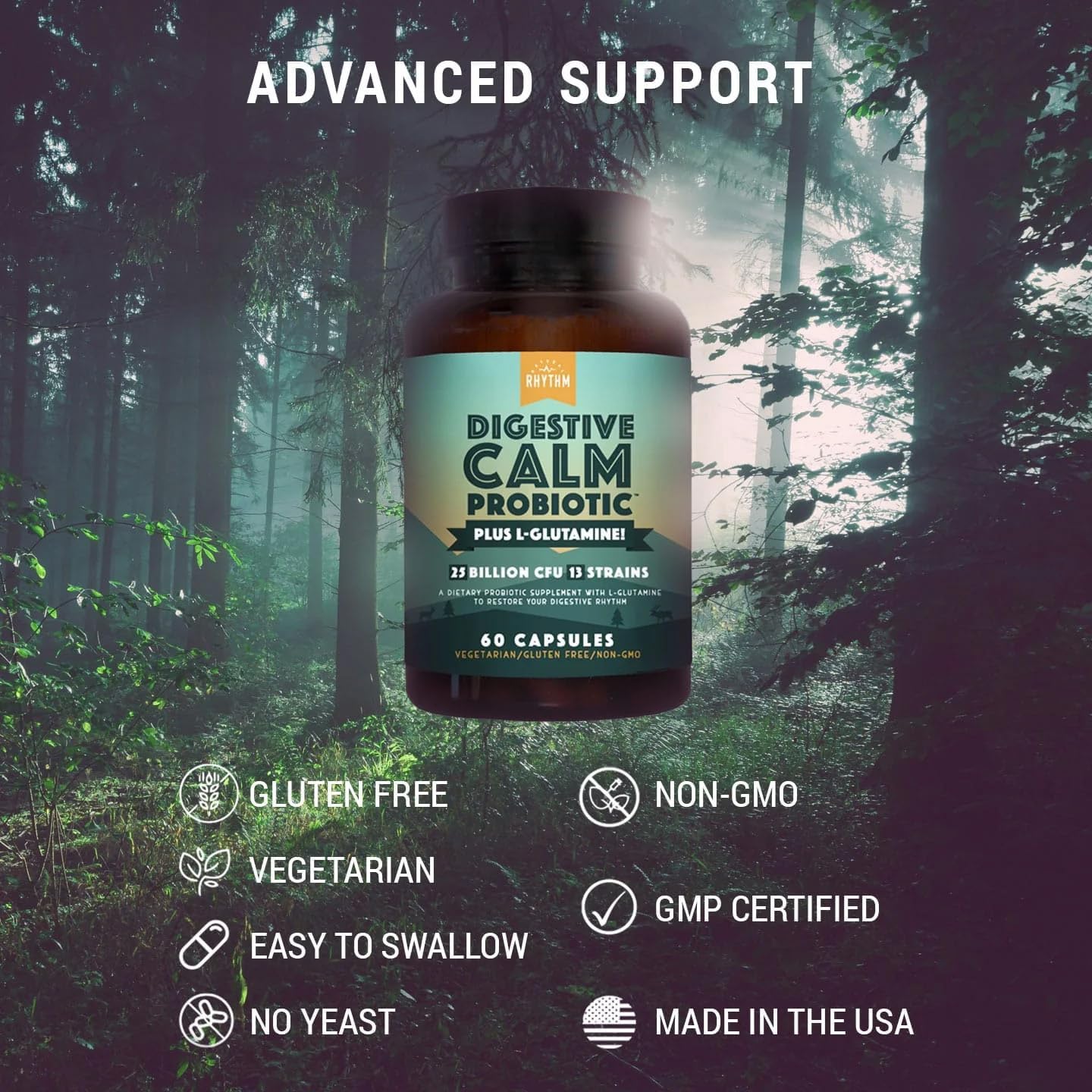Natural Rhythm Digestive Calm Probiotic + L-Glutamine – 25B CFU, 13 Cepas, Suplemento Digestivo e Inmunitario, 60 Cápsulas Vegetarianas