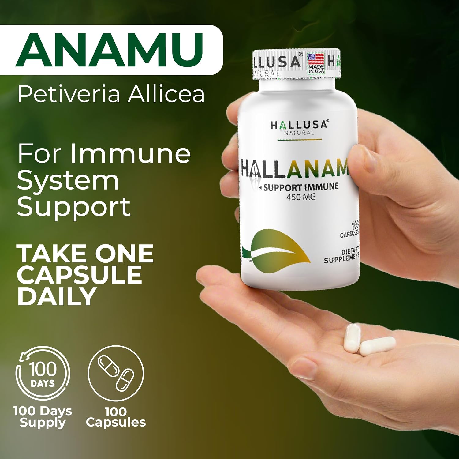 Anamu Orgánico 450 mg - Raíz de Petiveria Alliacea - 100 Cápsulas - Hallusa Natural