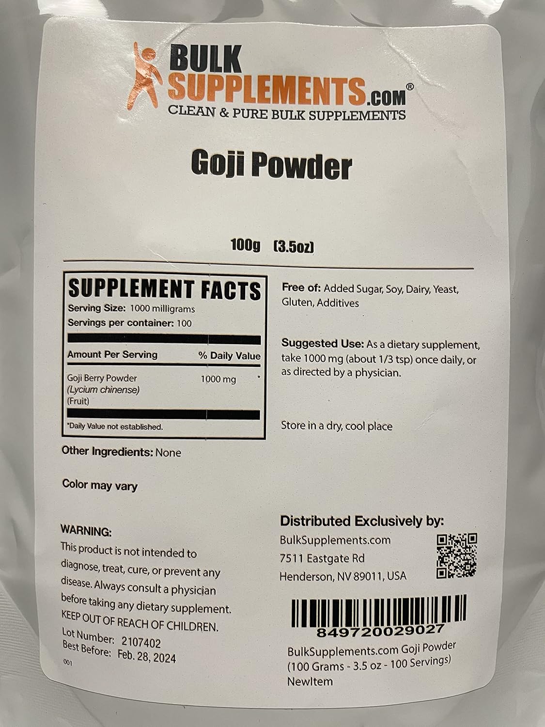 BulkSupplements Polvo de Bayas de Goji - Suplemento Vegano y Sin Gluten, 100 g