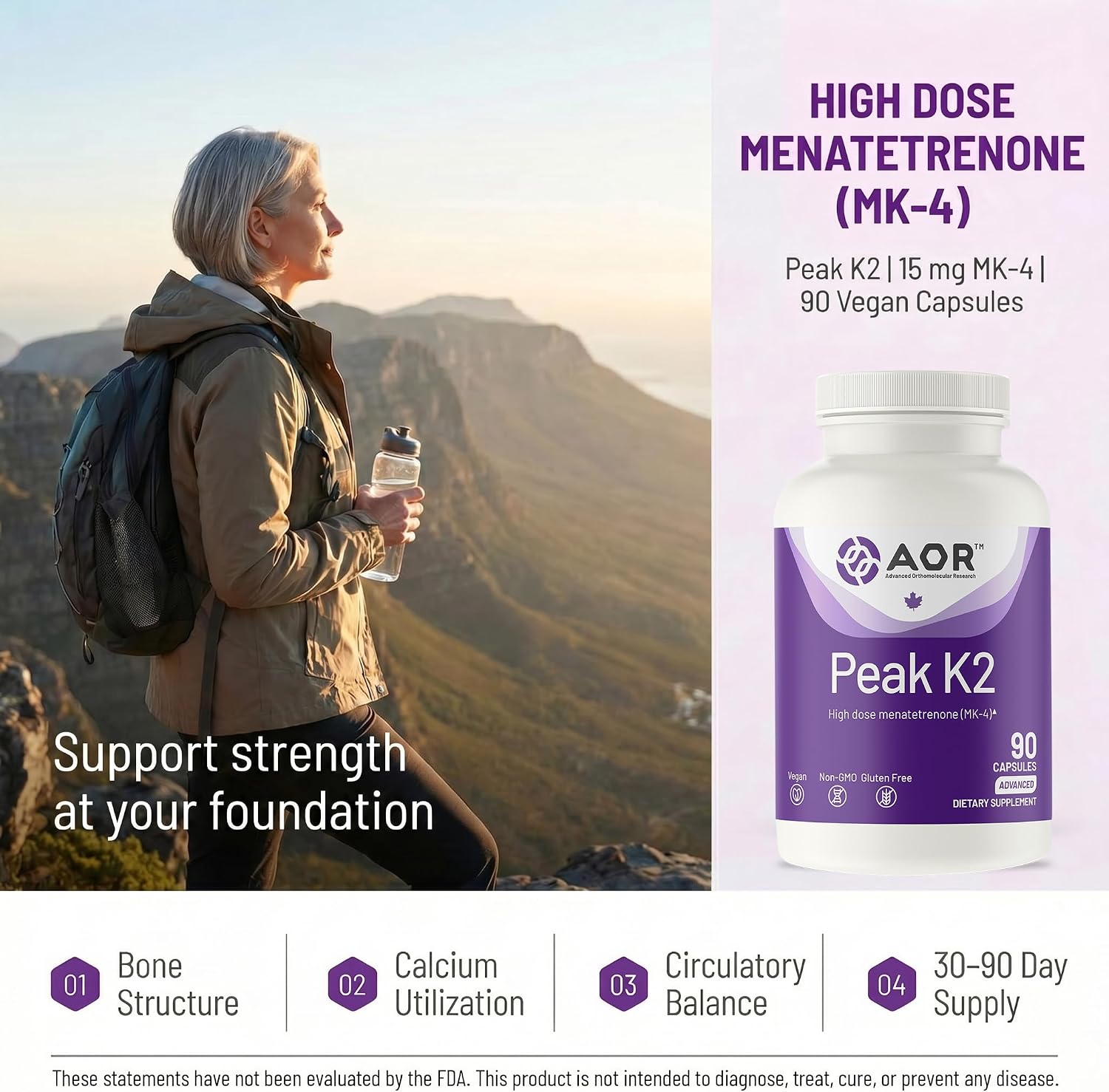 AOR Peak K2 – Vitamina K2 MK-4, 90 Cápsulas Veganas