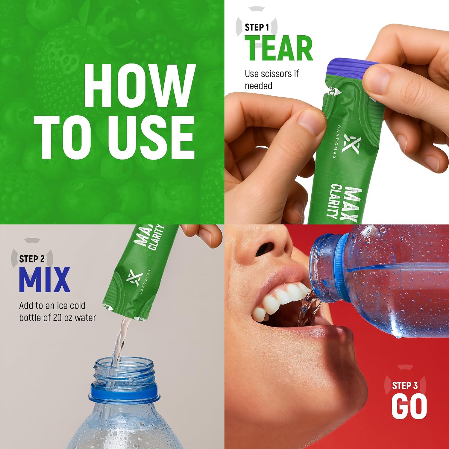 CardoMax Max Clarity - Suplemento Nootrópico Líquido con Alpha GPC, L-Teanina y Cafeína - 15 Stick Packs - Sabor a Bayas Mixtas