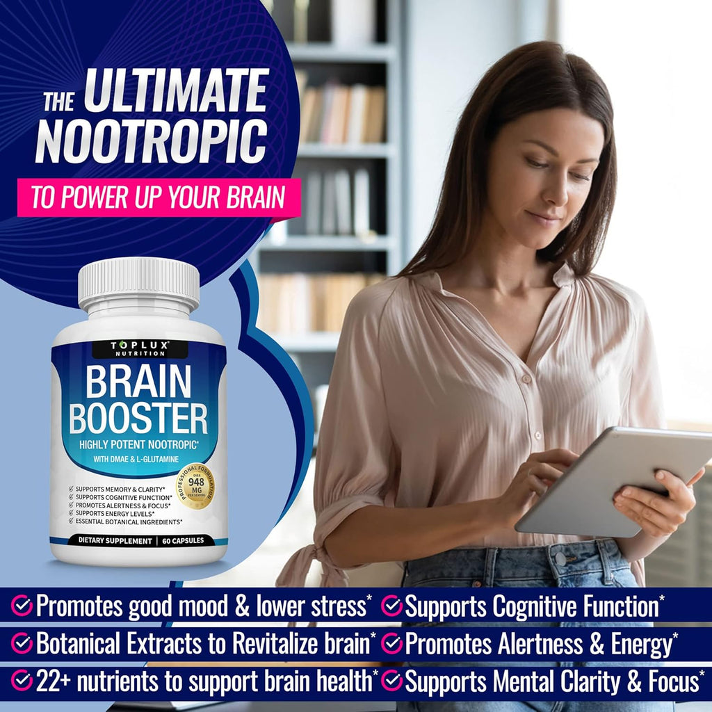 Toplux Brain Booster – Suplemento Nootrópico con DMAE, Bacopa Monnieri y L-Glutamina, 60 Cápsulas