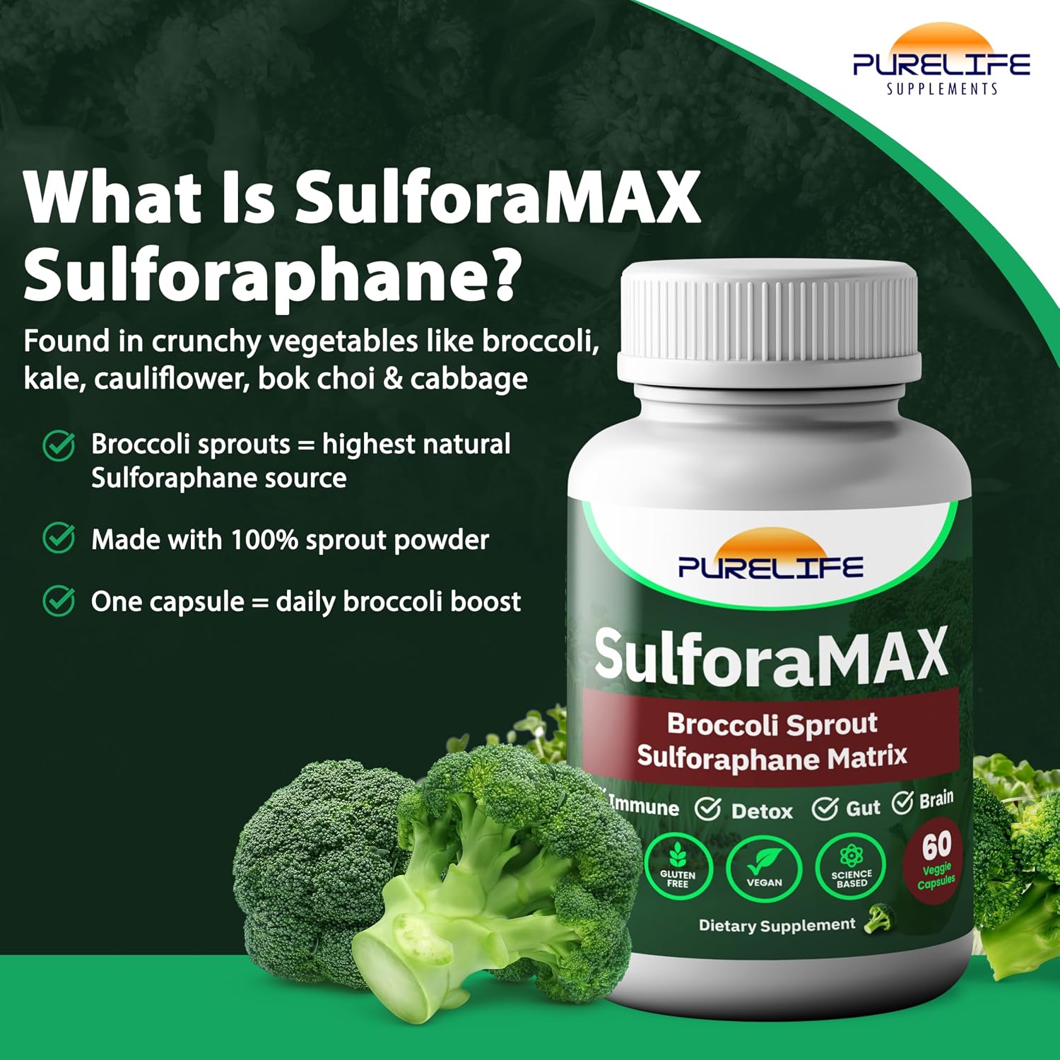 SulforaMAX (60 Cápsulas) - Complemento de Sulforafano de Brócoli - Apoyo Inmunitario, Salud del Corazón, Hígado y Cerebro - Vegano, Vegetariano, No-GMO