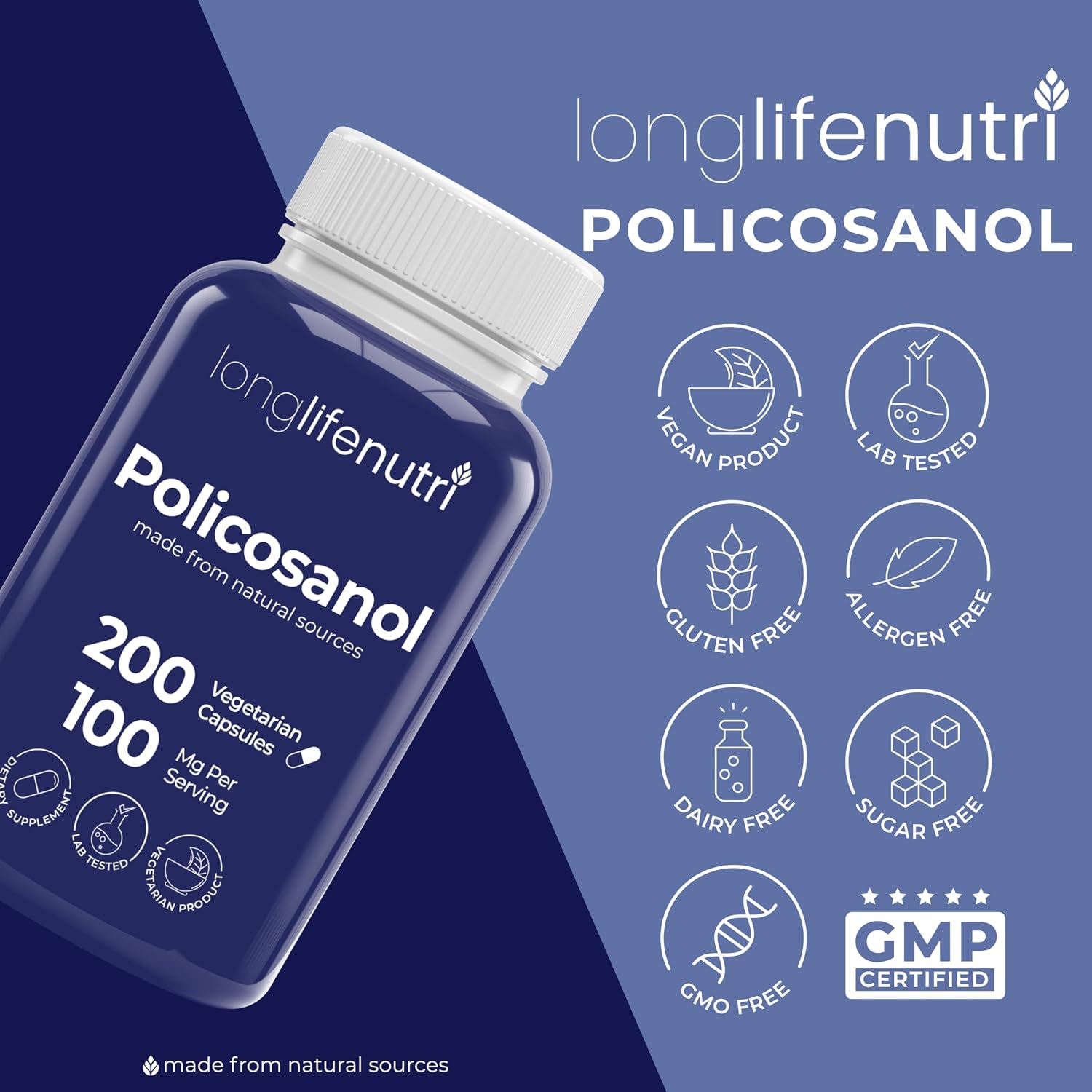 LongLifeNutri Policosanol 100mg - 200 Cápsulas Vegetarianas