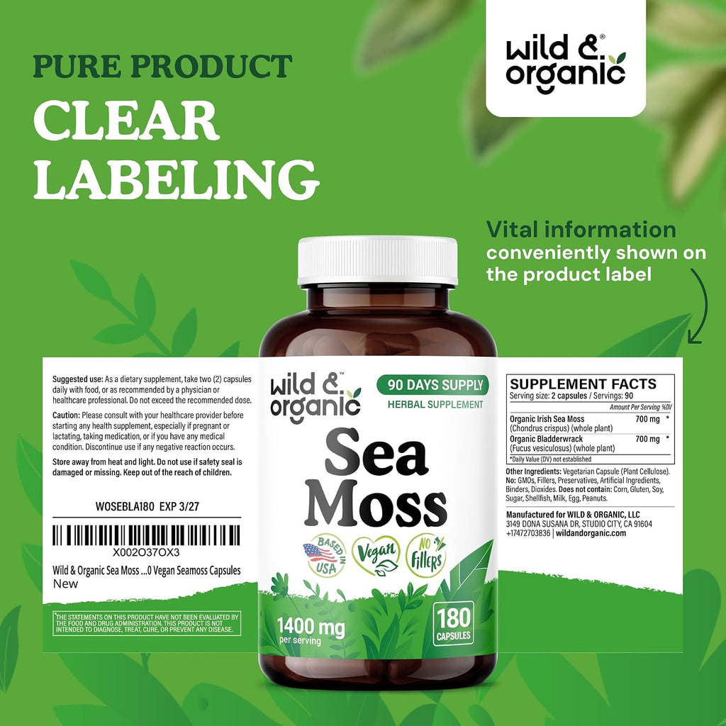 Wild & Organic Sea Moss Capsules - Complejo de Musgo Marino Irlandés con Bladderwrack - 180 Cápsulas Veganas