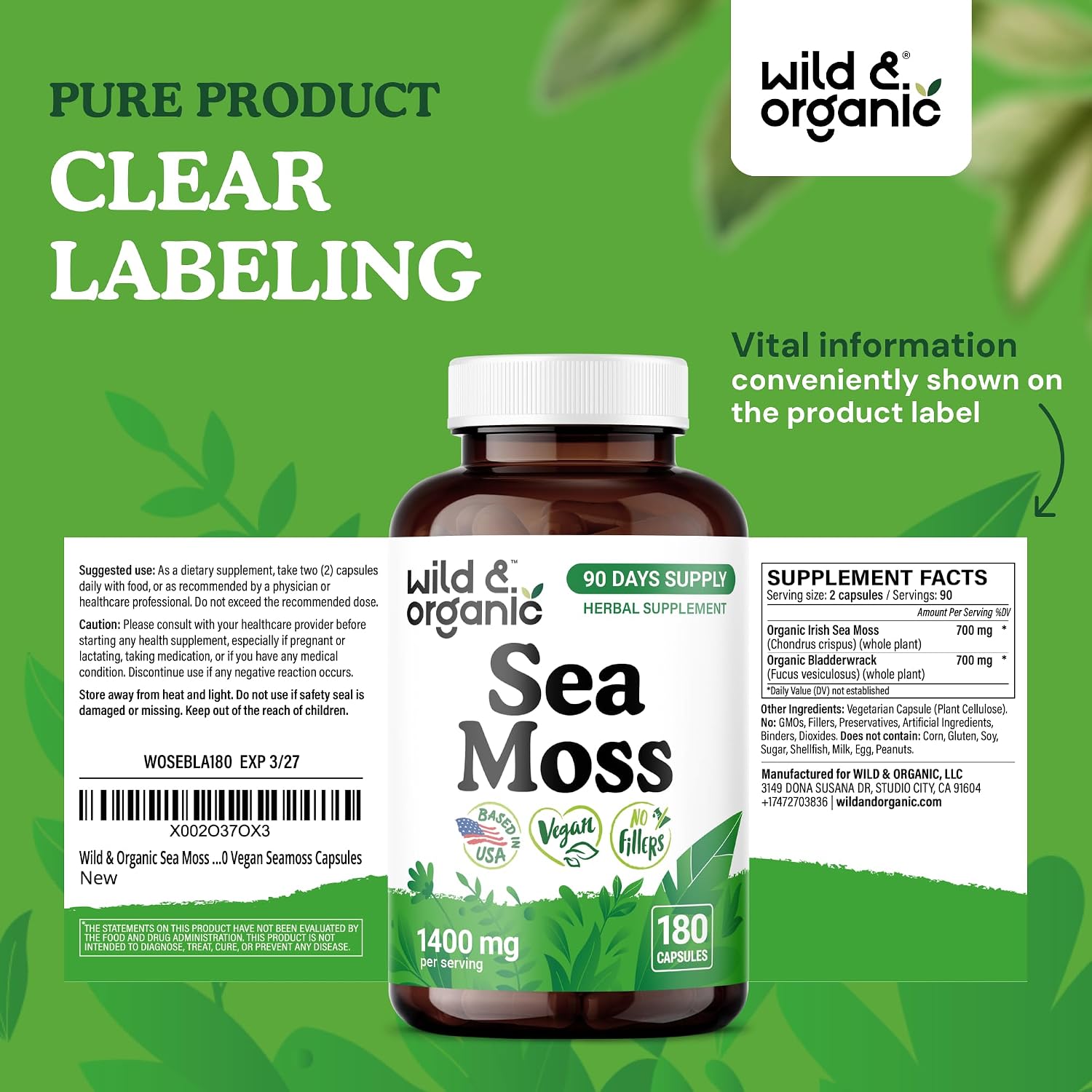Wild & Organic Sea Moss Capsules - Complejo de Musgo Marino Irlandés con Bladderwrack - 180 Cápsulas Veganas