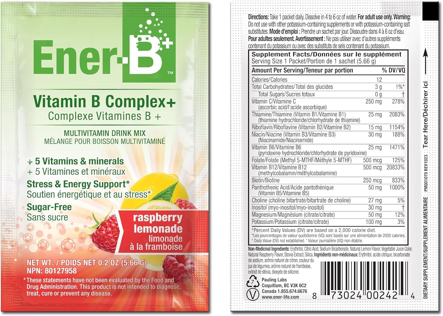 Ener-B+ Mezcla Multivitamínica Sin Azúcar para Bebida - Limonada de Frambuesa, 30 unidades