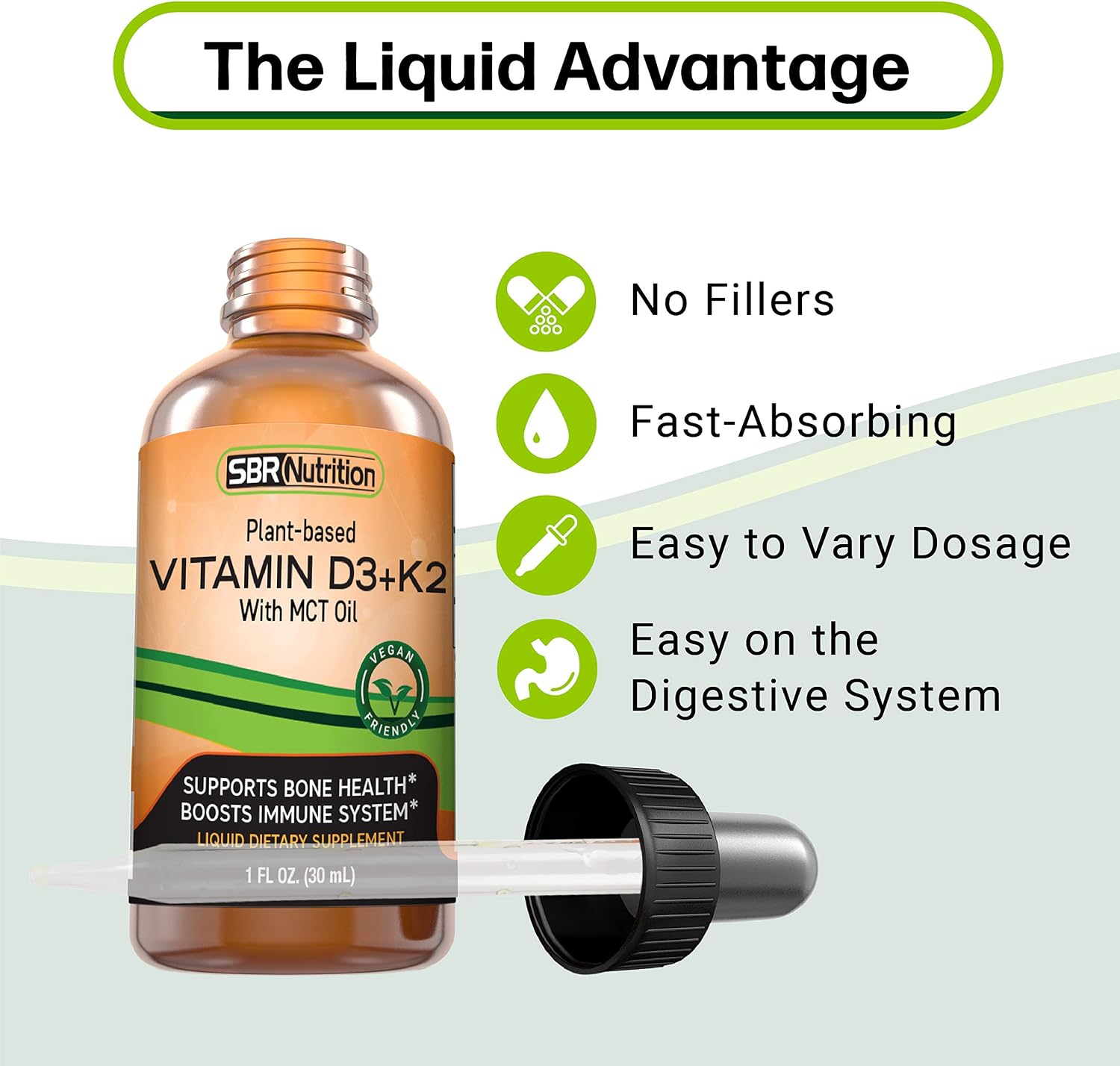 Vitamina D3 + K2 (MK-7) Gotas Veganas con Aceite MCT y Sabor a Menta