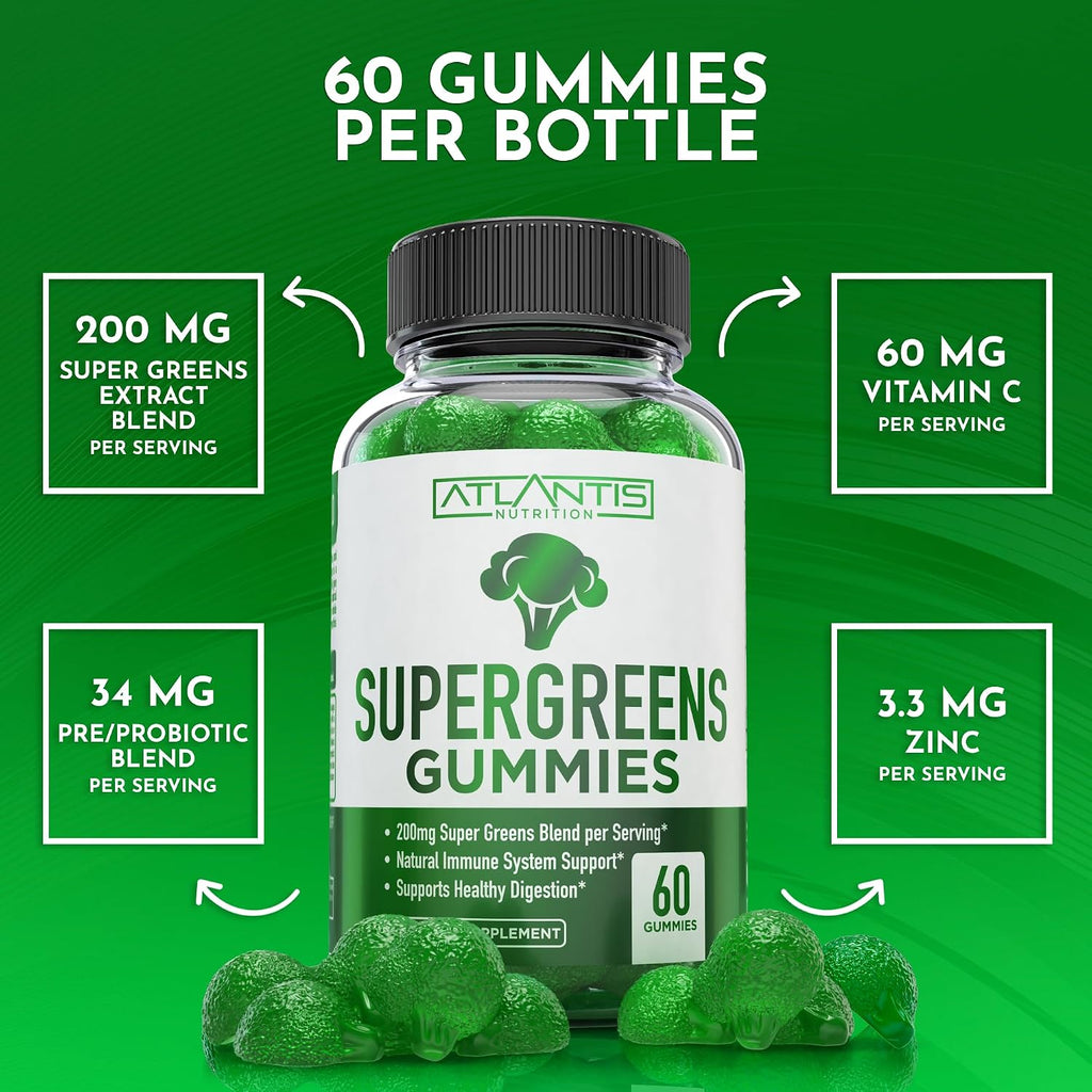 Supergreens Gummies - Complemento Diario de Superalimentos Verdes con Espinacas, Brócoli, Moringa, Remolacha, Apio, Té Verde y Acai - Sabor Frambuesa Natural, 60 Gominolas