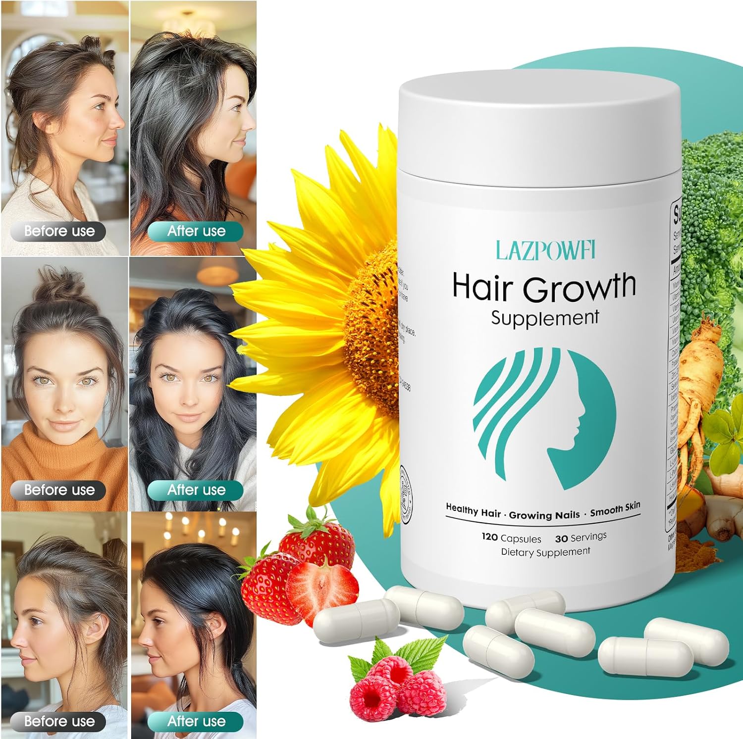 Lazpowfi Complemento para el Crecimiento del Cabello con Biotina 10000mcg, 30-en-1