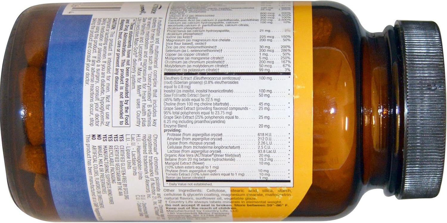 Country Life Vitamins Max For Men, 120 comprimidos