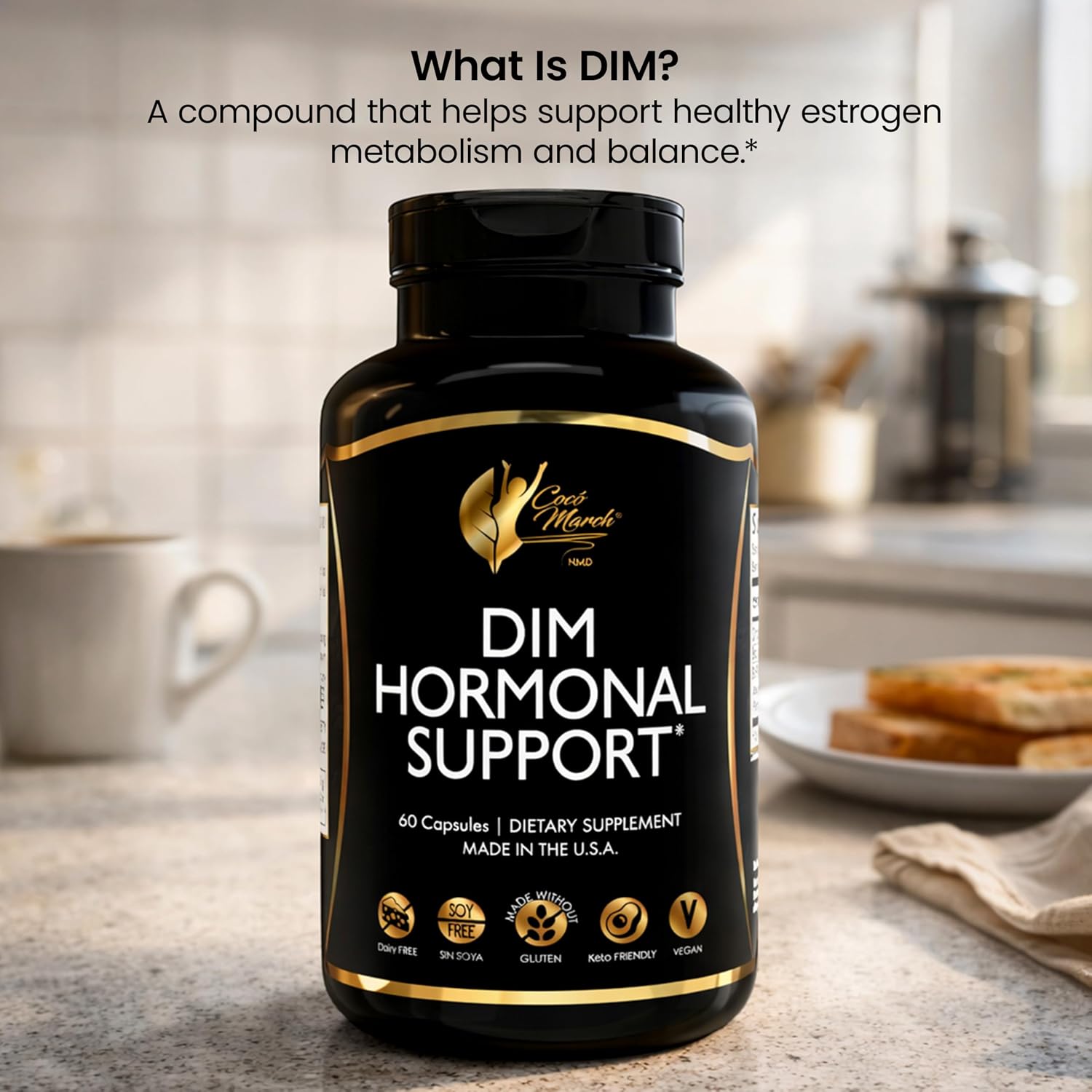 Cocó March DIM Suplemento para Mujeres – Apoya el Equilibrio Hormonal, Cuidado de la Piel y Metabolismo Natural del Estrógeno – Desintoxicación y Salud Celular – Sin Gluten, Sin Soja, Sin Lácteos, Vegano y Keto – 60 Cápsulas