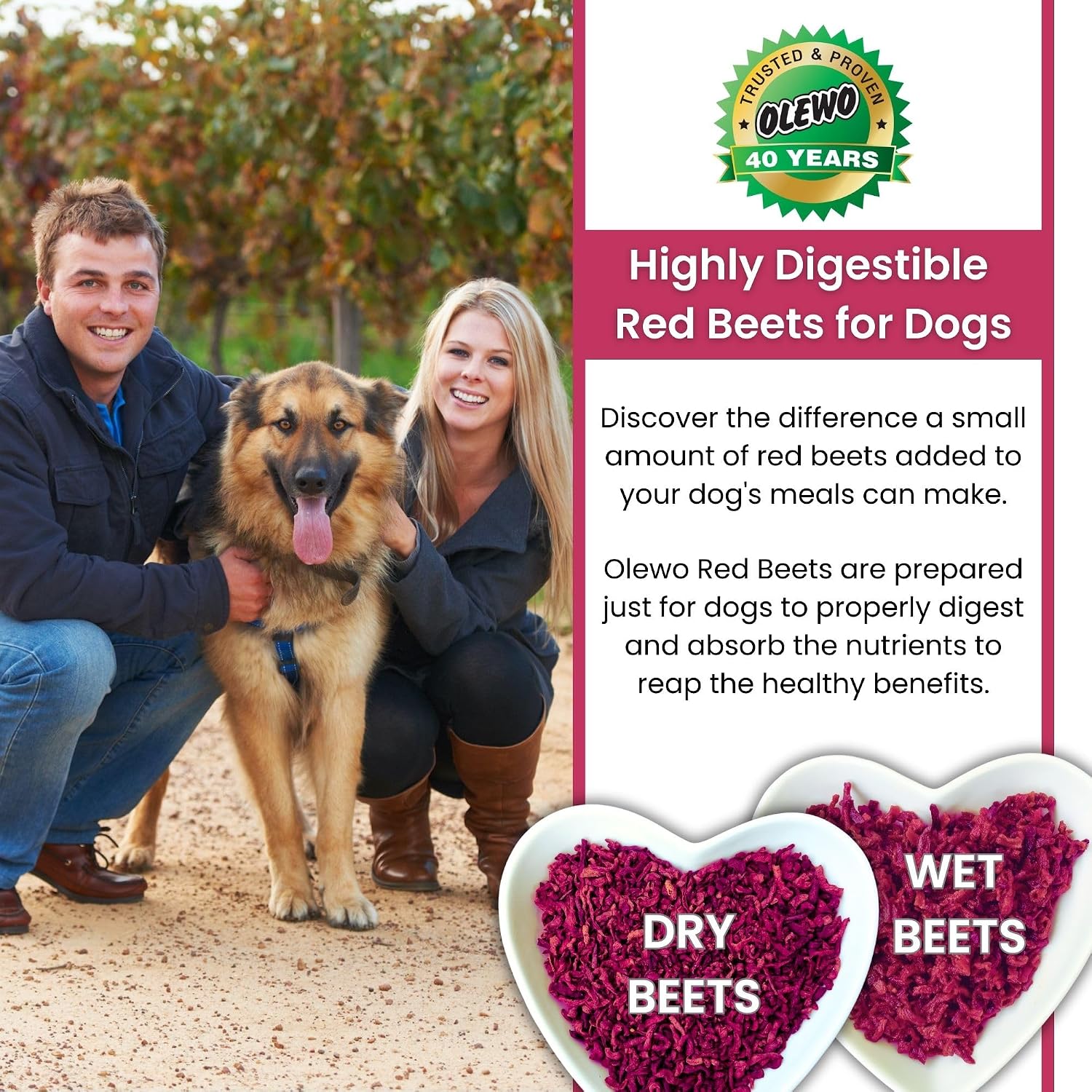 Olewo Remolacha Roja para Perros Granulado – Complemento Alimenticio para Apoyo Interno, Sensibilidad de la Piel y Equilibrio General, Fibra Prebiótica y Nutrientes de Alimentos Integrales, 623 g