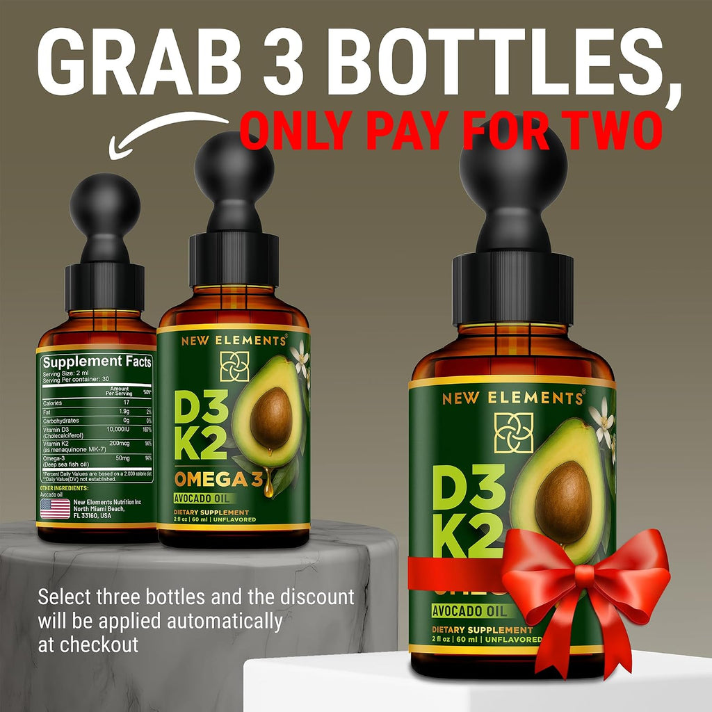 New Elements Liquid Vitamin D3 + K2 Drops 10,000 IU with Omega-3 – Alta Absorción | Base de Aceite de Aguacate Puro | No Transgénico – 60 ml