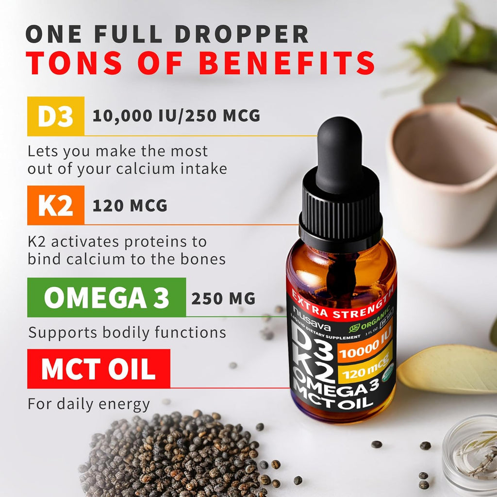 NUSAVA Gotas Extra Fuertes de Vitamina D3 y K2 Orgánicas con Aceite MCT y Omega 3 - 10000 UI, Sin Rellenos, No GMO, Sin Sabor (2 Paquete de 60 ml)