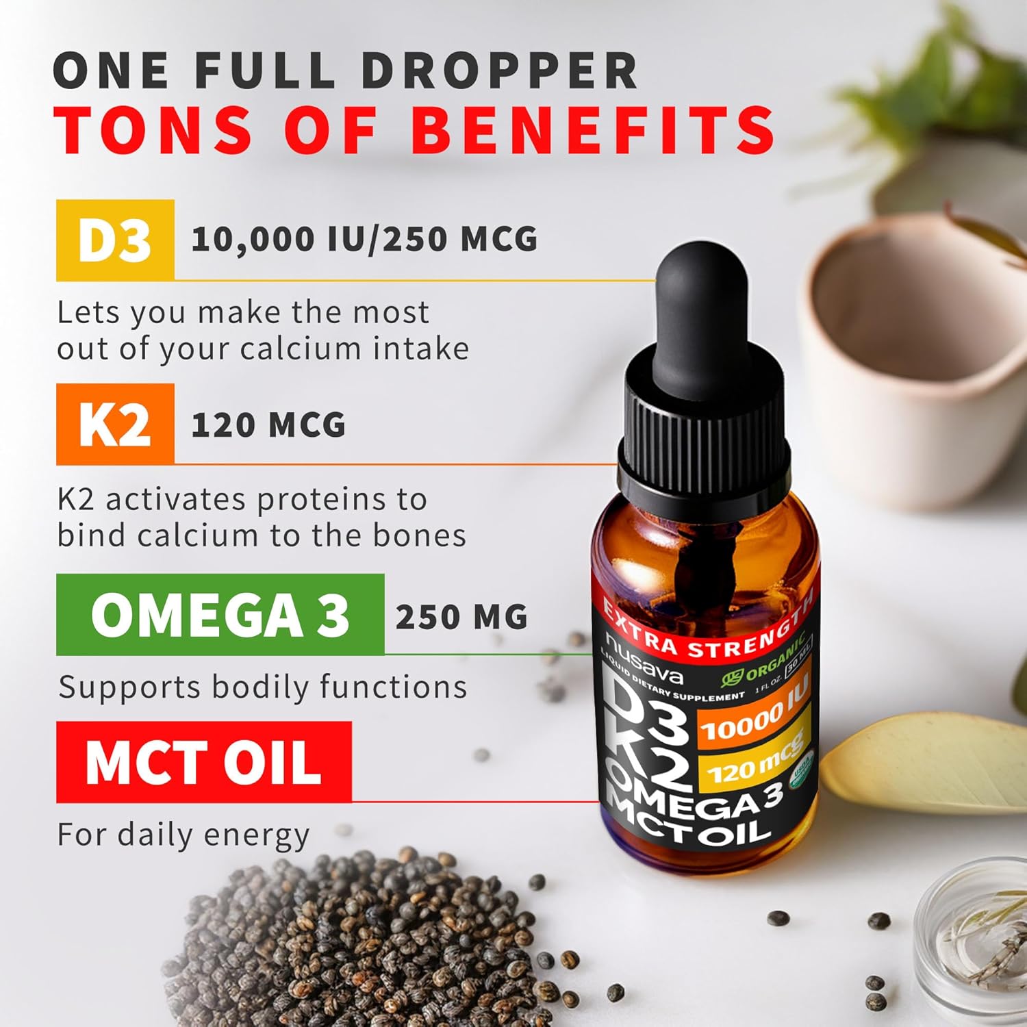 NUSAVA Gotas Extra Fuertes de Vitamina D3 y K2 Orgánicas con Aceite MCT y Omega 3 - 10000 UI, Sin Rellenos, No GMO, Sin Sabor (2 Paquete de 60 ml)
