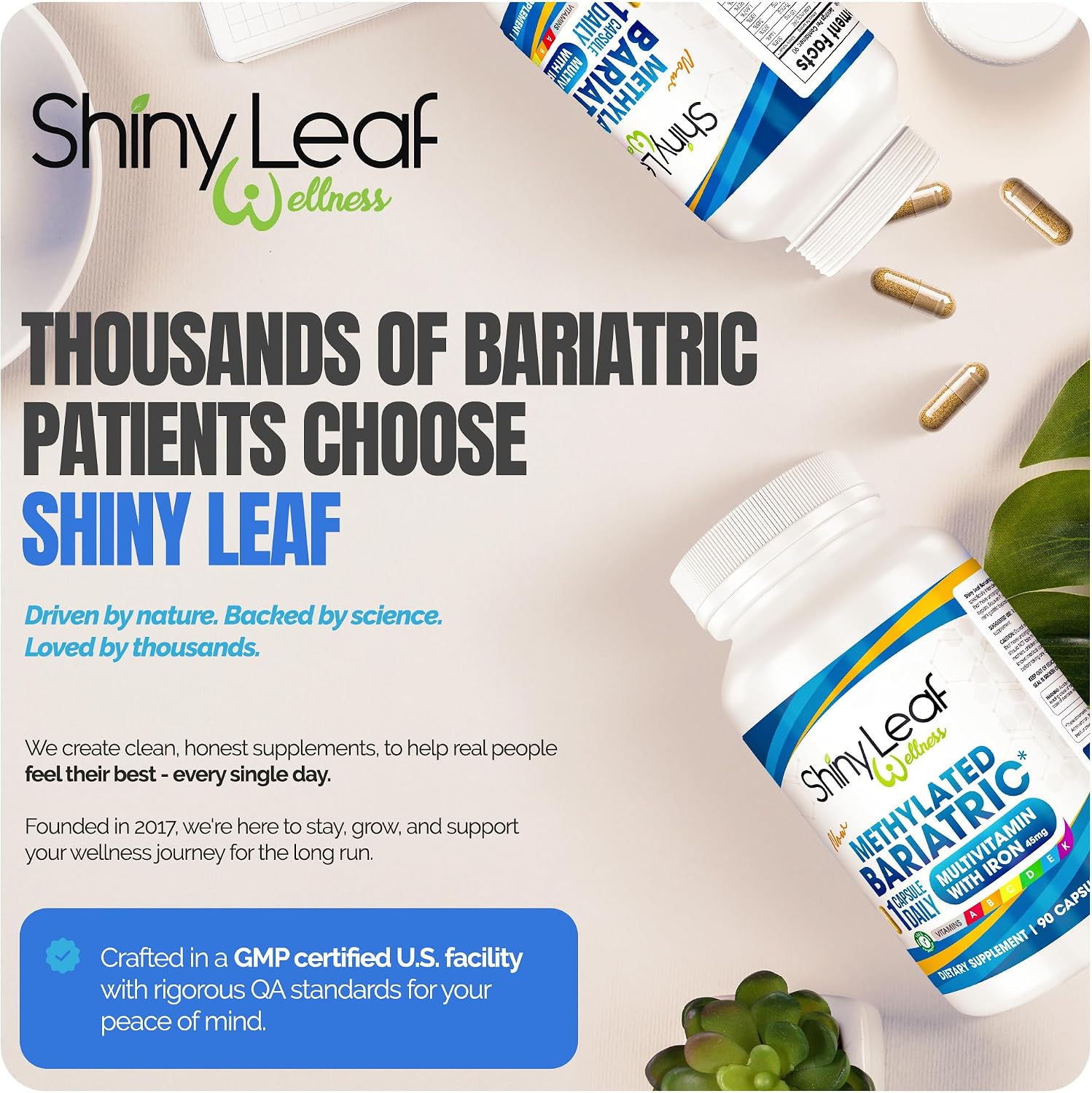 Shiny Leaf Multivitamínico Bariátrico Metilado con Hierro 45mg – Cápsula Diaria – Pack de 4 (360 Cápsulas)