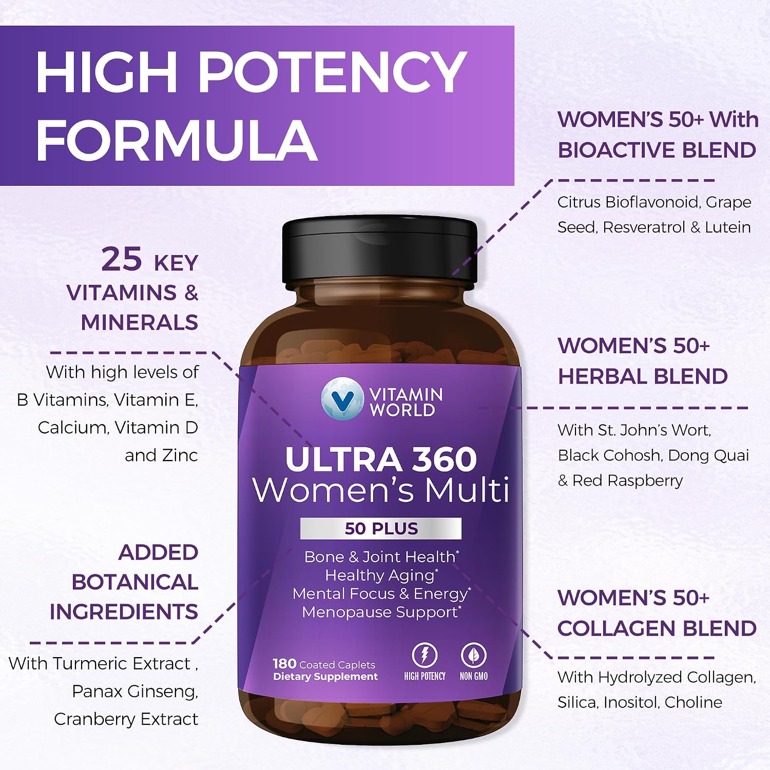 Vitamin World Ultra 360 Multivitamínico para Mujeres 50+ con Minerales y Hierbas, 180 Comprimidos