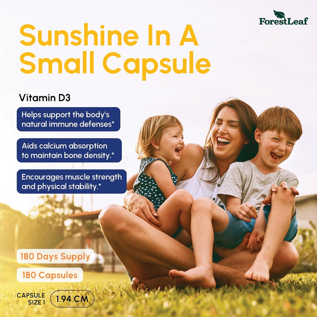 ForestLeaf Vitamin D3 10,000 IU | Vitamina D3 para Huesos, Dientes y Sistema Inmunológico | Cápsulas Fáciles de Tragar | Suministro para 6 Meses, 180 Cápsulas