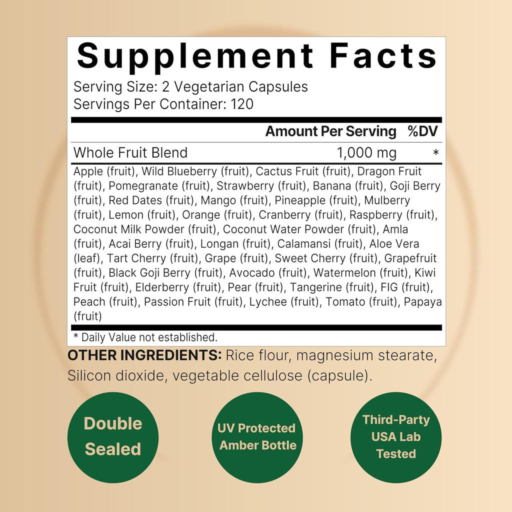 Fruit and Veggies Supplement – 480 Cápsulas Vegetarianas | Mezcla de 40 Frutas y Verduras Enteras | Fórmula Superfood Natural con Vitaminas y Minerales – No Transgénico