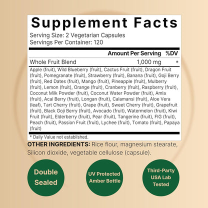 Fruit and Veggies Supplement – 480 Cápsulas Vegetarianas | Mezcla de 40 Frutas y Verduras Enteras | Fórmula Superfood – Image 5