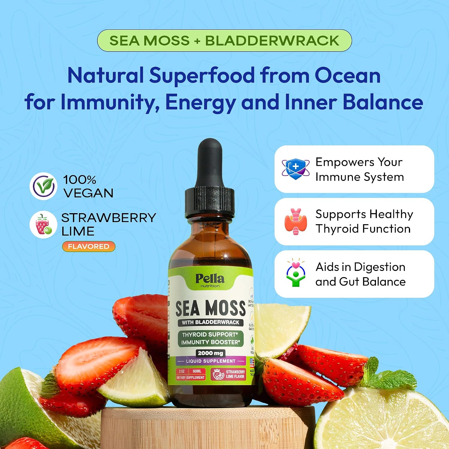 Pella Nutrition Sea Moss Drops con Bladderwrack – Gotas de Musgo Marino Irlandés de Absorción Rápida (Sabor Fresa y Lima, 60 ml)