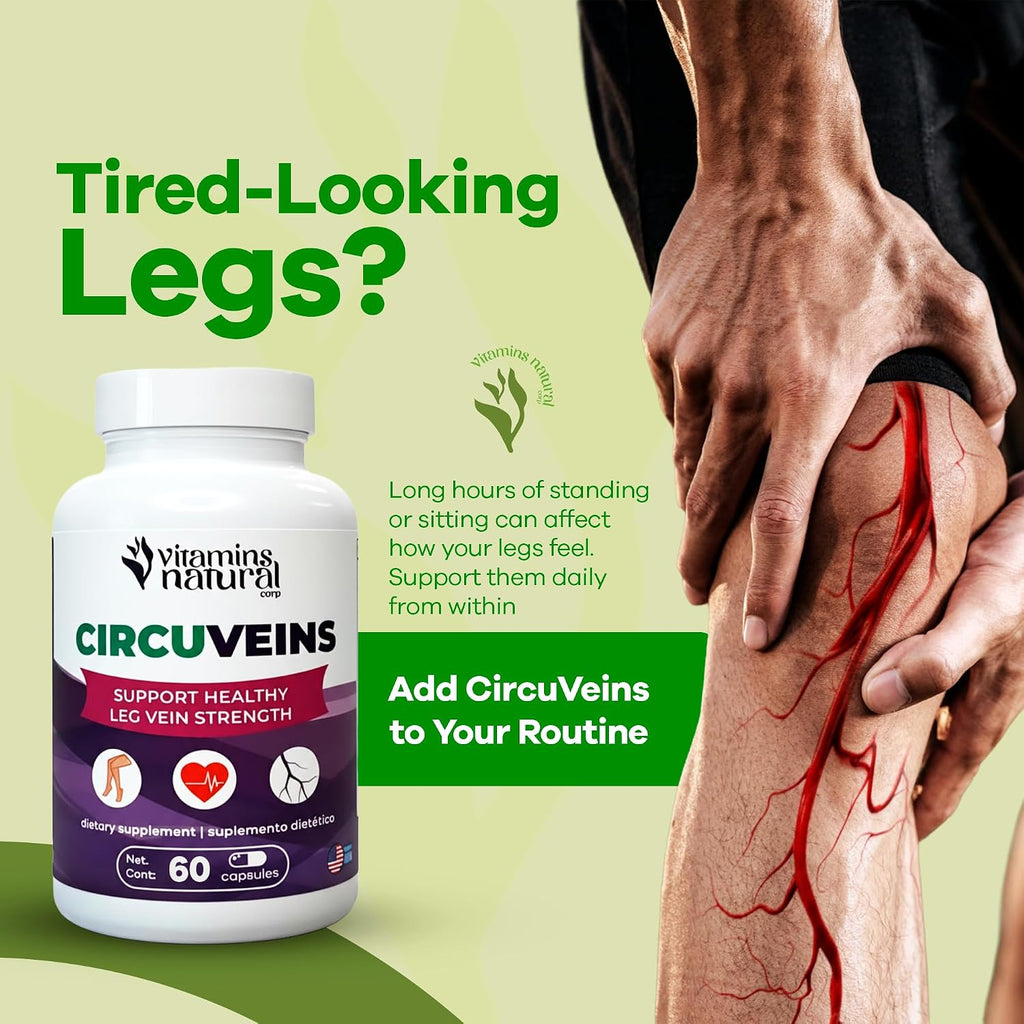 CircuVeins Suplemento para la Circulación de Piernas y Venas con Castaño de Indias, Gotu Kola, Rusco y Semilla de Uva – 60 Cápsulas