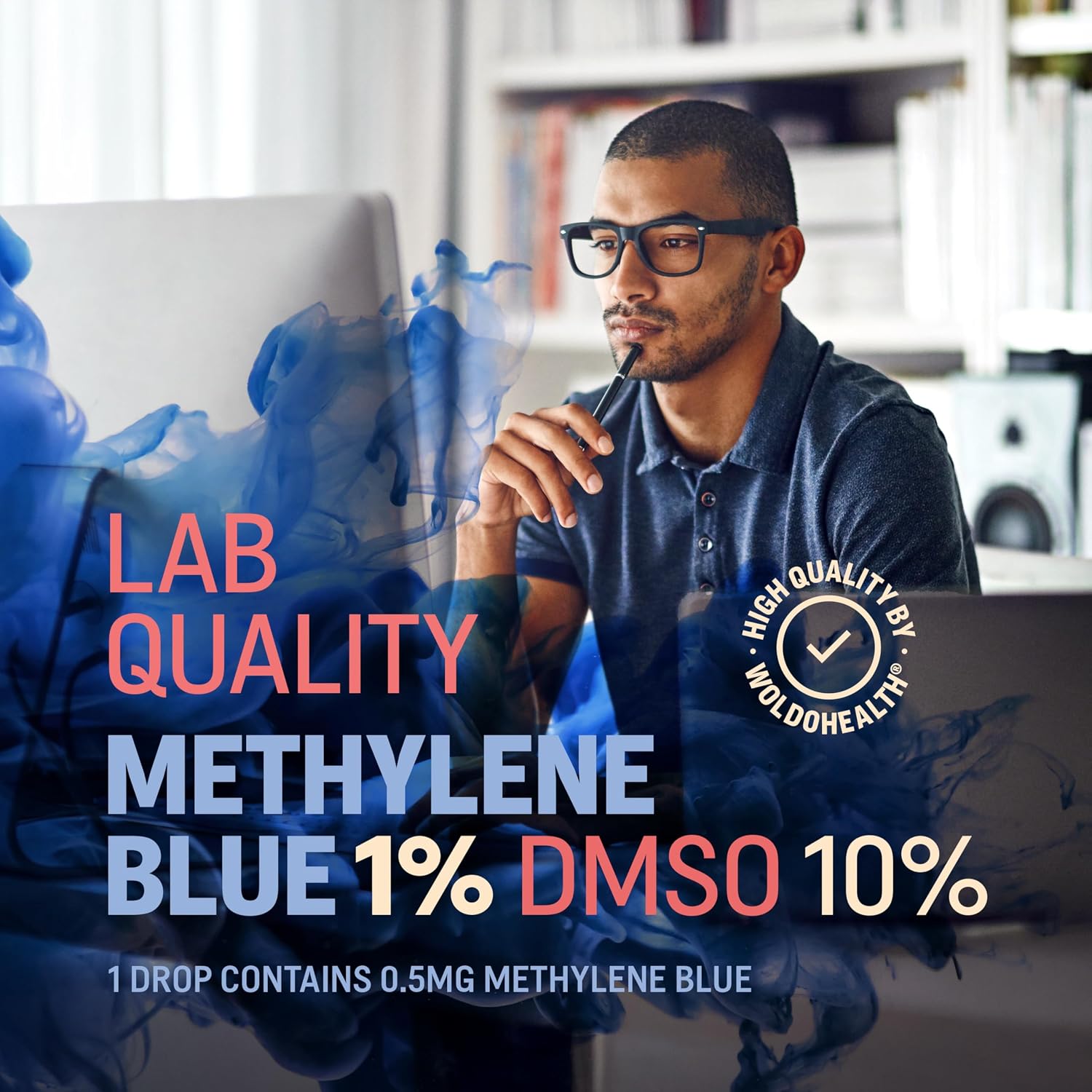 WoldoHealth DMSO 10% con Azul de Metileno 1% - Frasco de Vidrio de 100 ml con Cuentagotas, Libre de Formaldehído y Alcohol, Solución Analítica