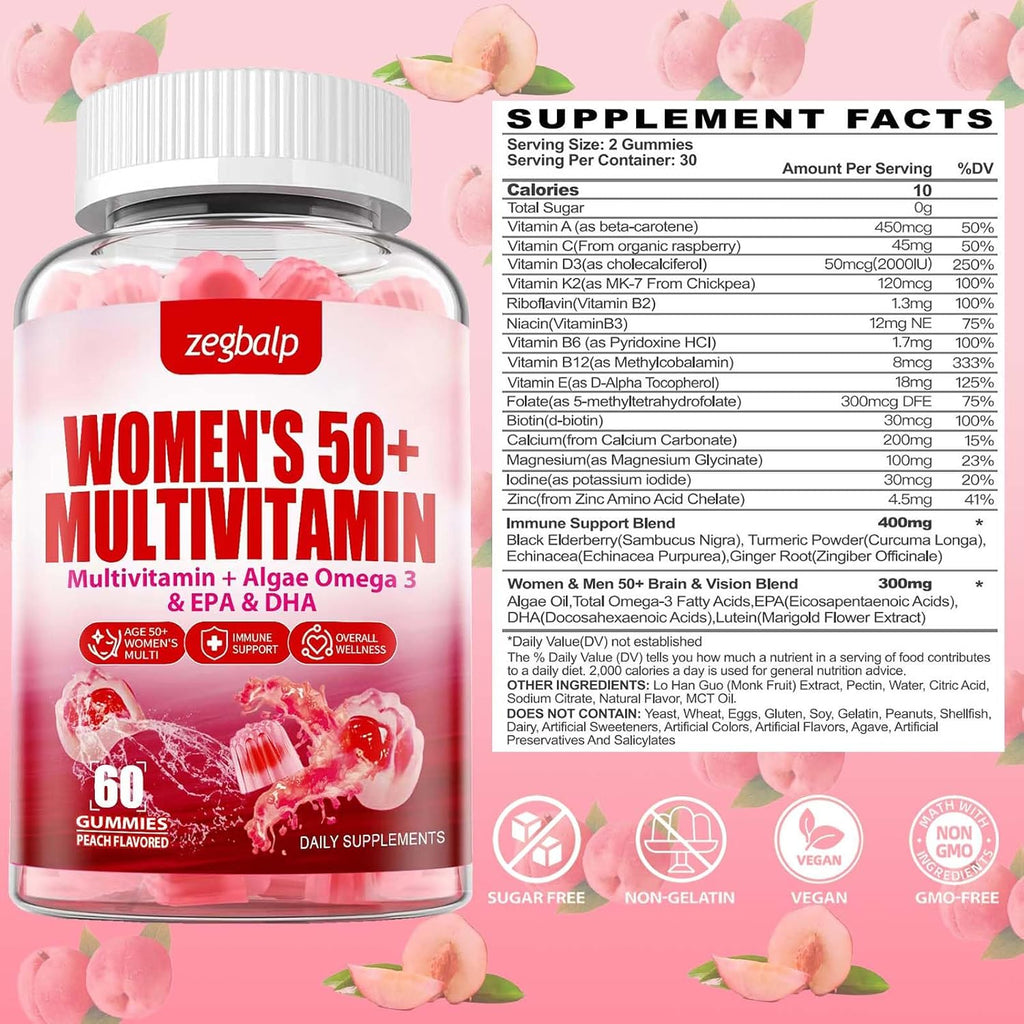ZEGBALP Multivitamínico para Mujeres 50+ sin Azúcar - Gominolas con 24 Vitaminas y Minerales, Omega-3, DHA, EPA, Luteína
