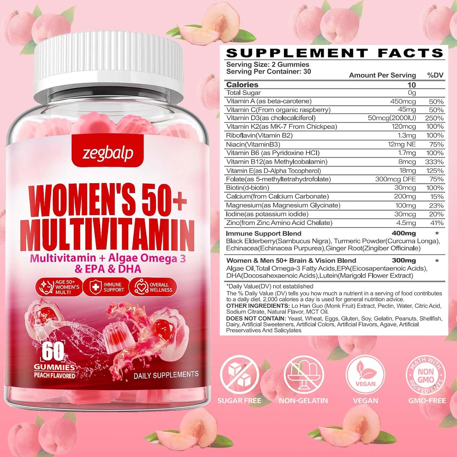 ZEGBALP Multivitamínico para Mujeres 50+ sin Azúcar - Gominolas con 24 Vitaminas y Minerales, Omega-3, DHA, EPA, Luteína
