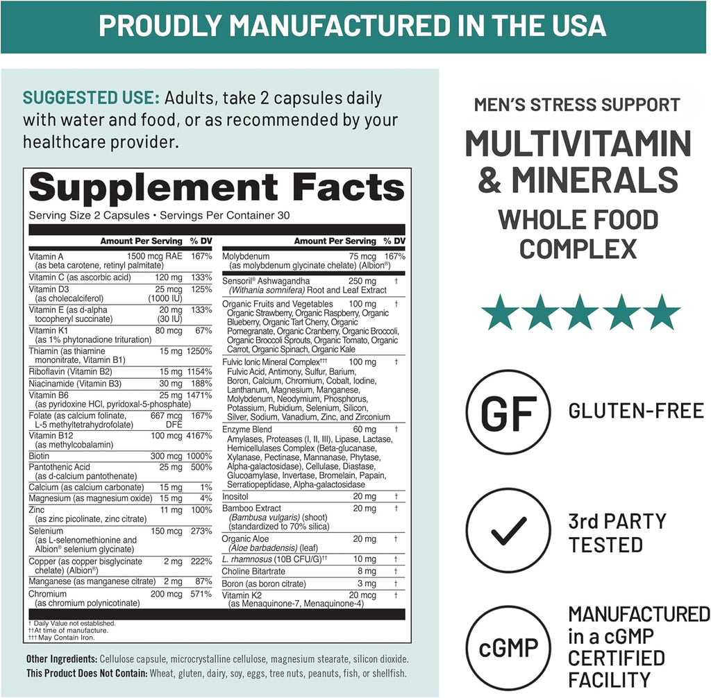 NatureWise Multivitamínico para Hombres + Apoyo Anti Estrés + Minerales Iónicos Fúlvicos + Probióticos - 60 Cápsulas (1 Mes)