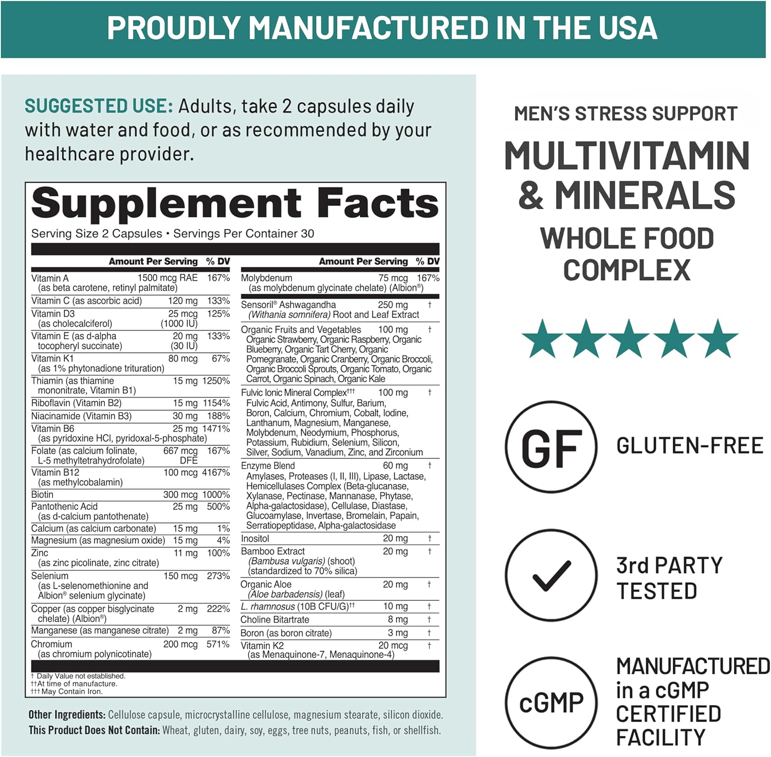 NatureWise Multivitamínico para Hombres + Apoyo Anti Estrés + Minerales Iónicos Fúlvicos + Probióticos - 60 Cápsulas (1 Mes)