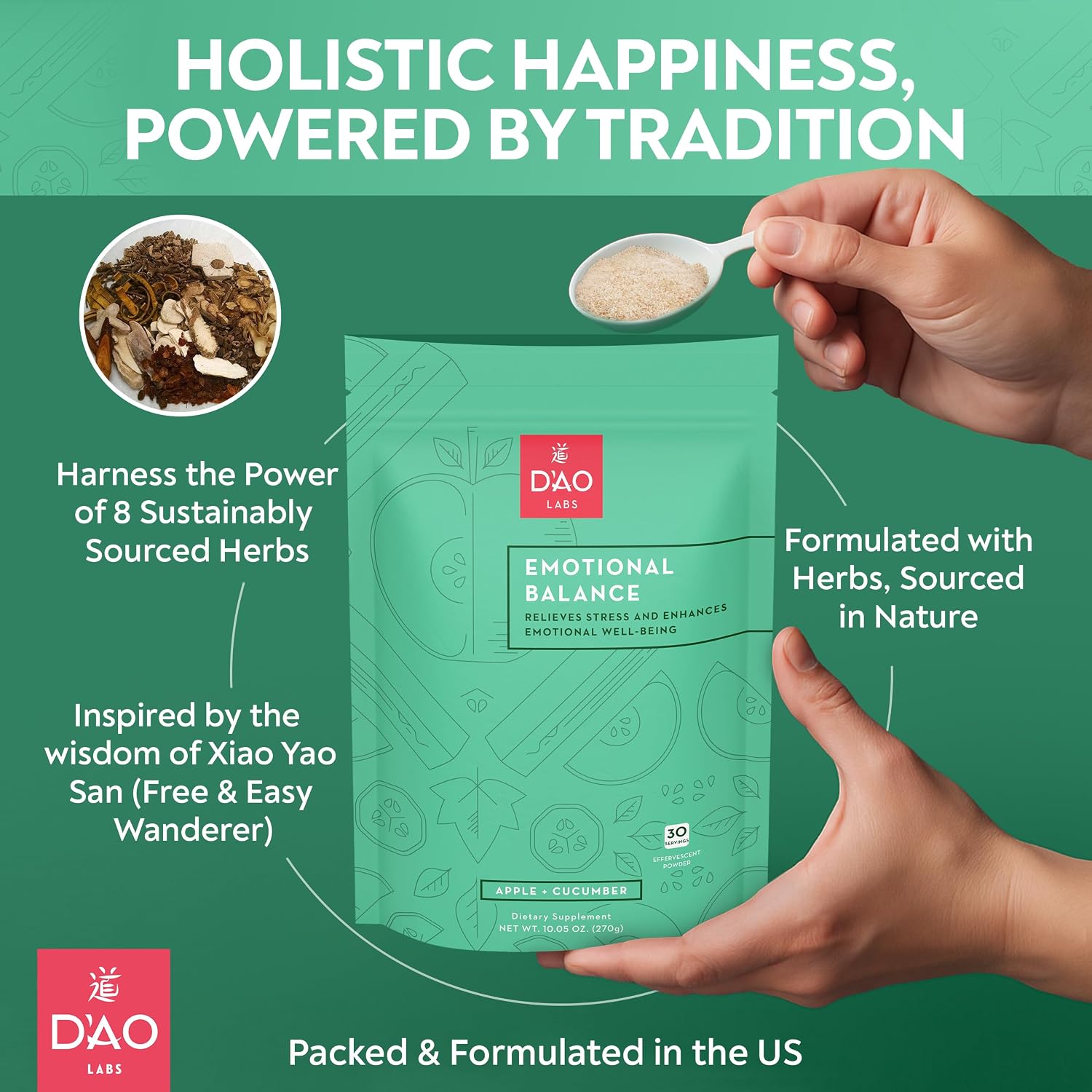 D'AO Labs Emotional Balance - Polvo efervescente para el equilibrio emocional - Sabor manzana y pepino - 30 sobres individuales