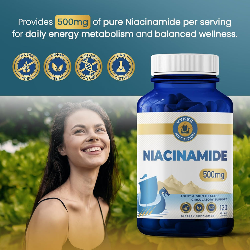 Vykee Nutrition Niacinamida 500 mg - Complemento de Vitamina B3 para el Bienestar de la Piel, Energía Celular y Apoyo Metabólico - Vegano, Sin OGM, Sin Gluten - 120 Cápsulas