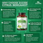 Zazzee Extracto de Bergamota Cítrica 25:1 - 1200 mg, 40% Flavanonas Polifenólicas, 150 Cápsulas Veganas