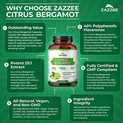 Zazzee Extracto de Bergamota Cítrica 25:1 - 1200 mg, 40% Flavanonas Polifenólicas, 150 Cápsulas Veganas – Image 6