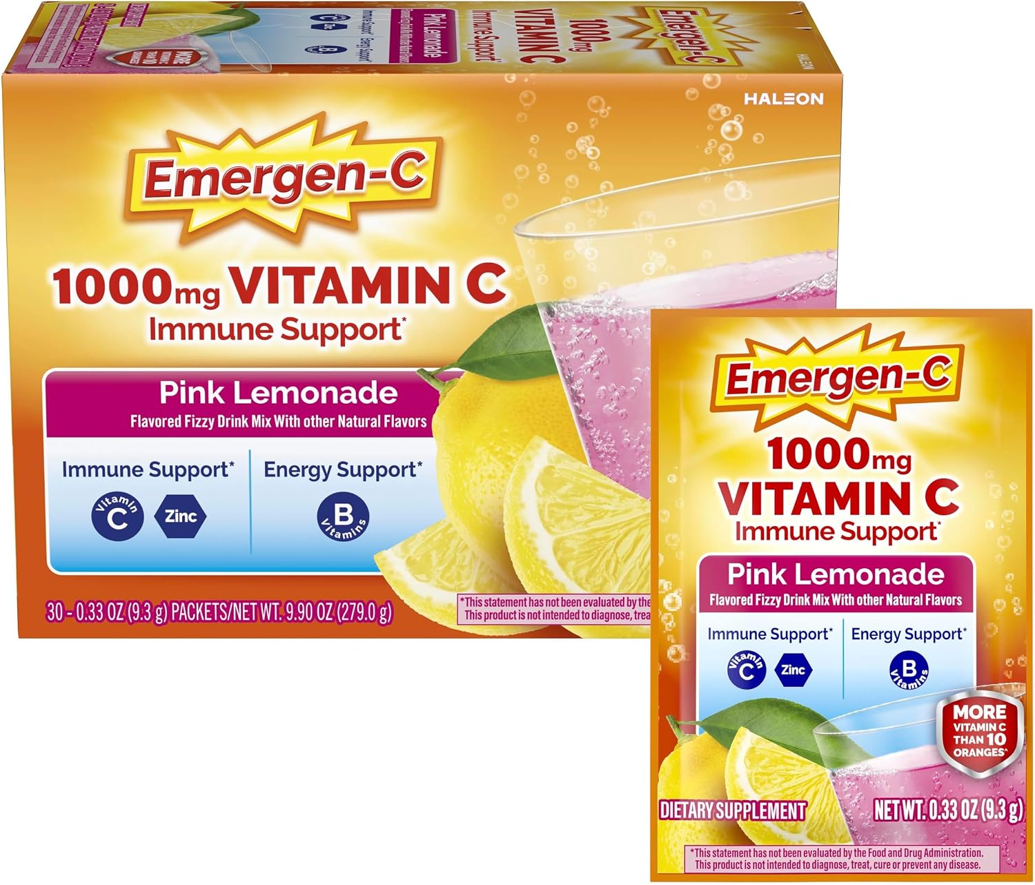 Emergen-C 1000 mg Vitamina C con Zinc y Vitaminas B - 30 sobres sabor Limonada Rosa
