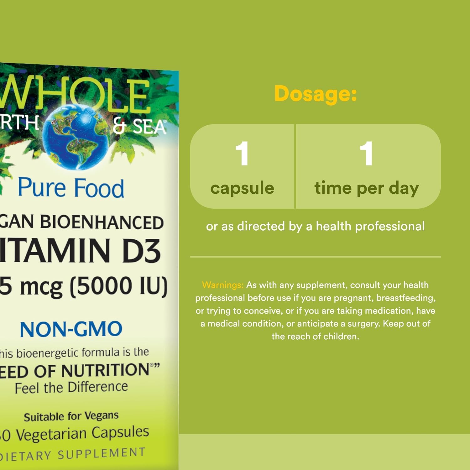 Natural Factors Whole Earth & Sea Vegan Vitamin D3 - 125 mcg (5000 IU) - 60 Vegetable Capsules