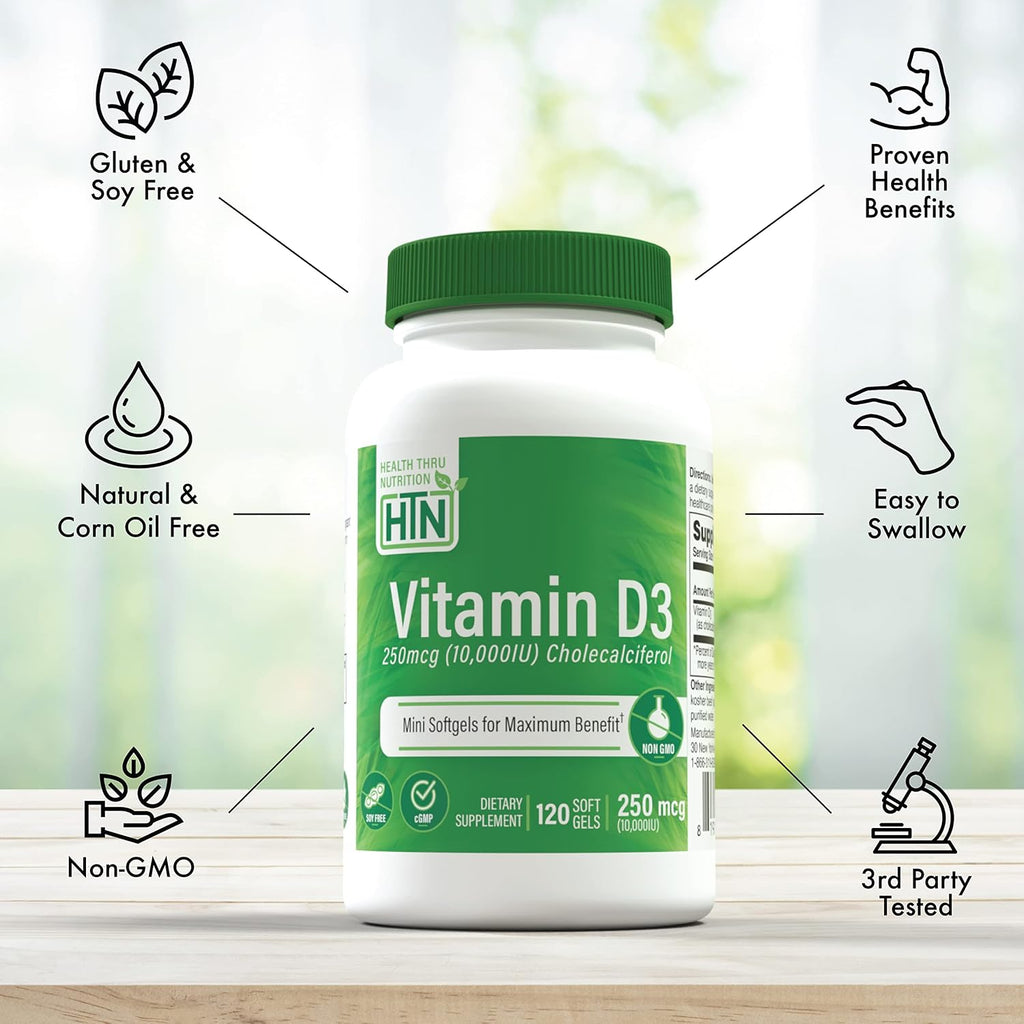 Vitamina D3 10.000 UI 120 Cápsulas Blandas - Health Thru Nutrition